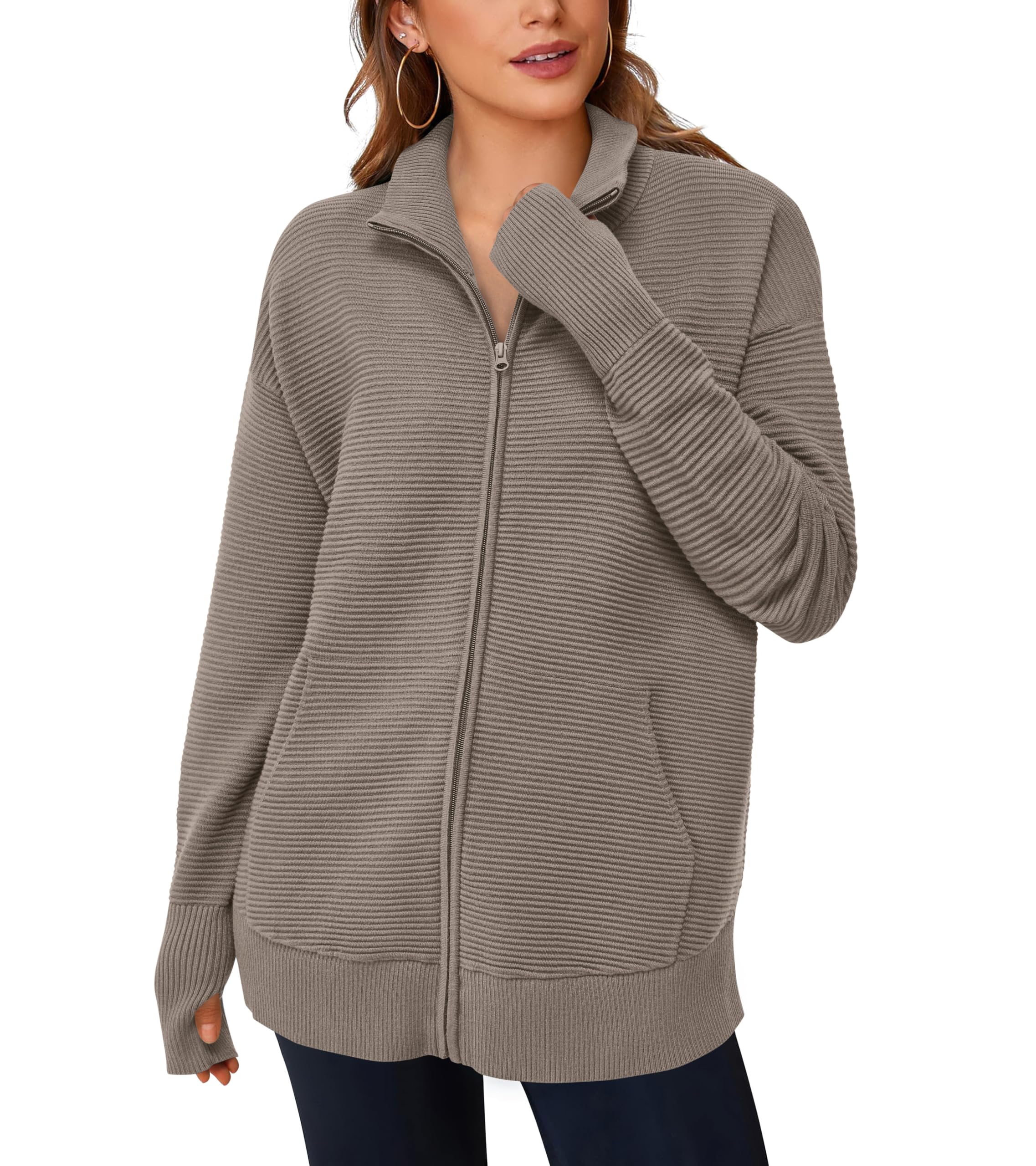 PRETTYGARDEN Womens Fall Long Sleeve Zip Up Cardigan Sweaters Casual Loose Collared Ribbed Knit Tops Jackets Thumb Hole