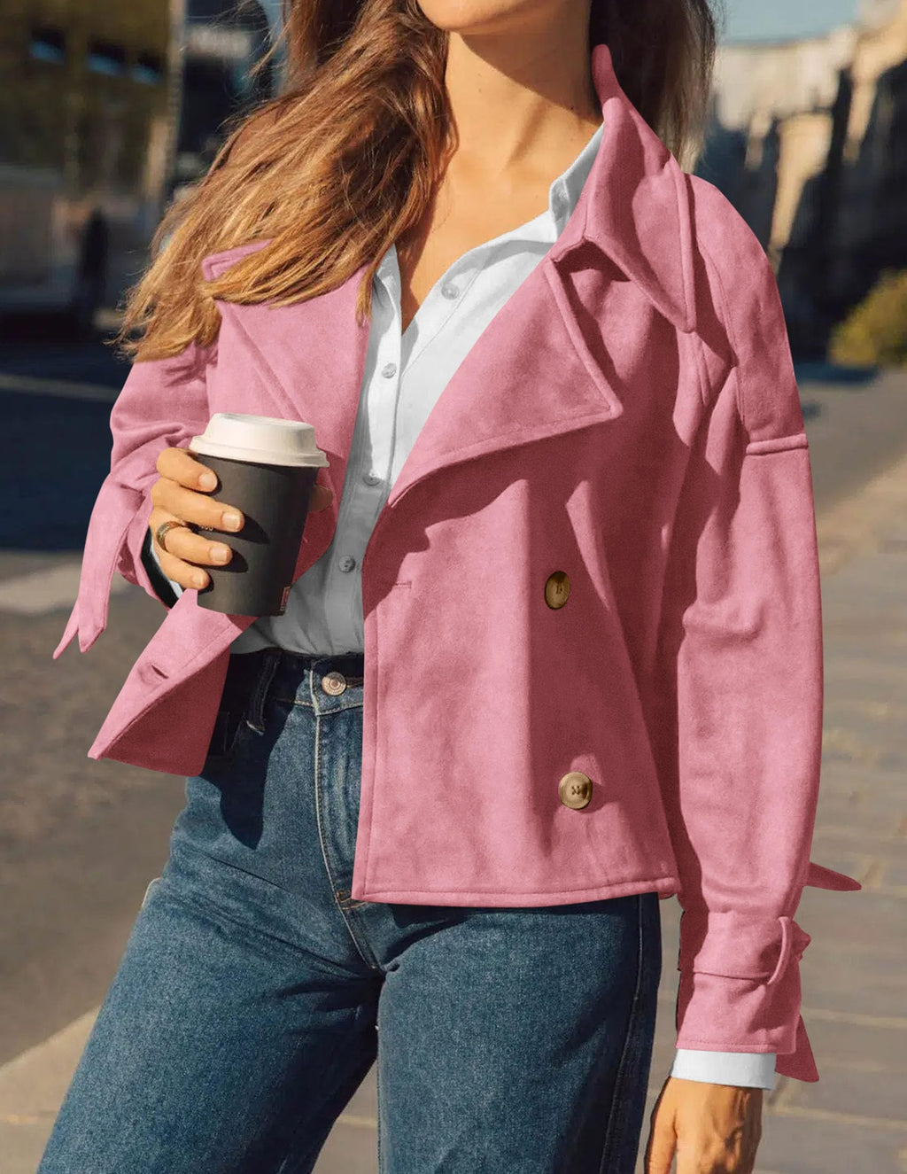 PRETTYGARDEN Women Faux Suede Double Breasted Trench Coat Cropped Jackets Raglan Long Sleeve,Lapel,Tie Cuff,Button Down,Fall Fashion Outerwear,Winter Clothes,Work Office Casual Short Jacket