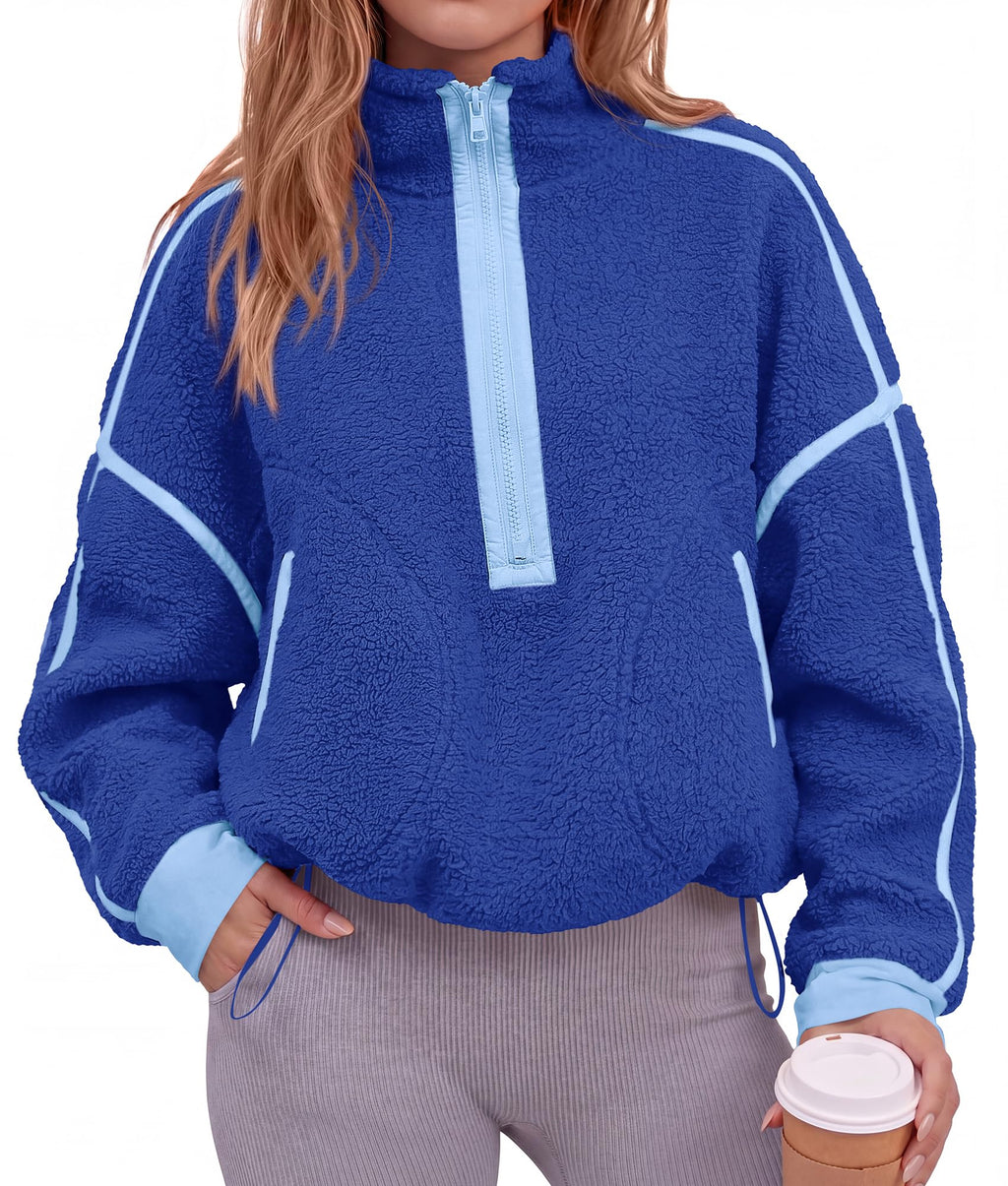 FreshPretty Womens Half Zip Fleece Pullover Sherpa Sweatshirts,Quarter Zip Cropped Jackets With Drawstring,Loose Fit Sweater Tops,Color Block Winter Coats,Trendy Fall Clothes