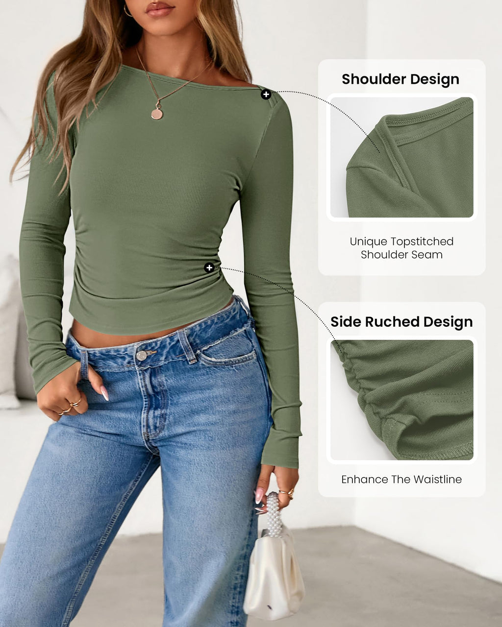 FreshPretty Womens Long Sleeve Tops Fall Fashion Ribbed Slim Fit Y2K Boat Neck T Shirts Casual Going Out Workout Outfits