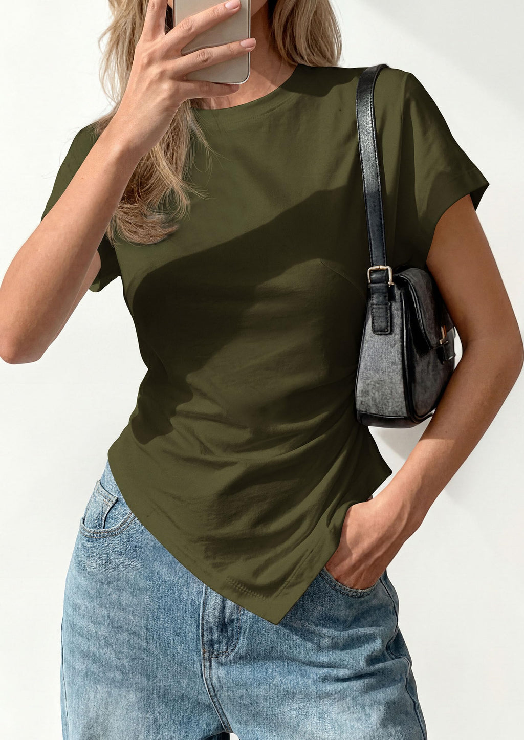 PRETTYGARDEN Womens Short Sleeve Crew Neck Trendy Shirts Spring Summer Y2K Going Out Tops Asymmetrical Ruched Blouse