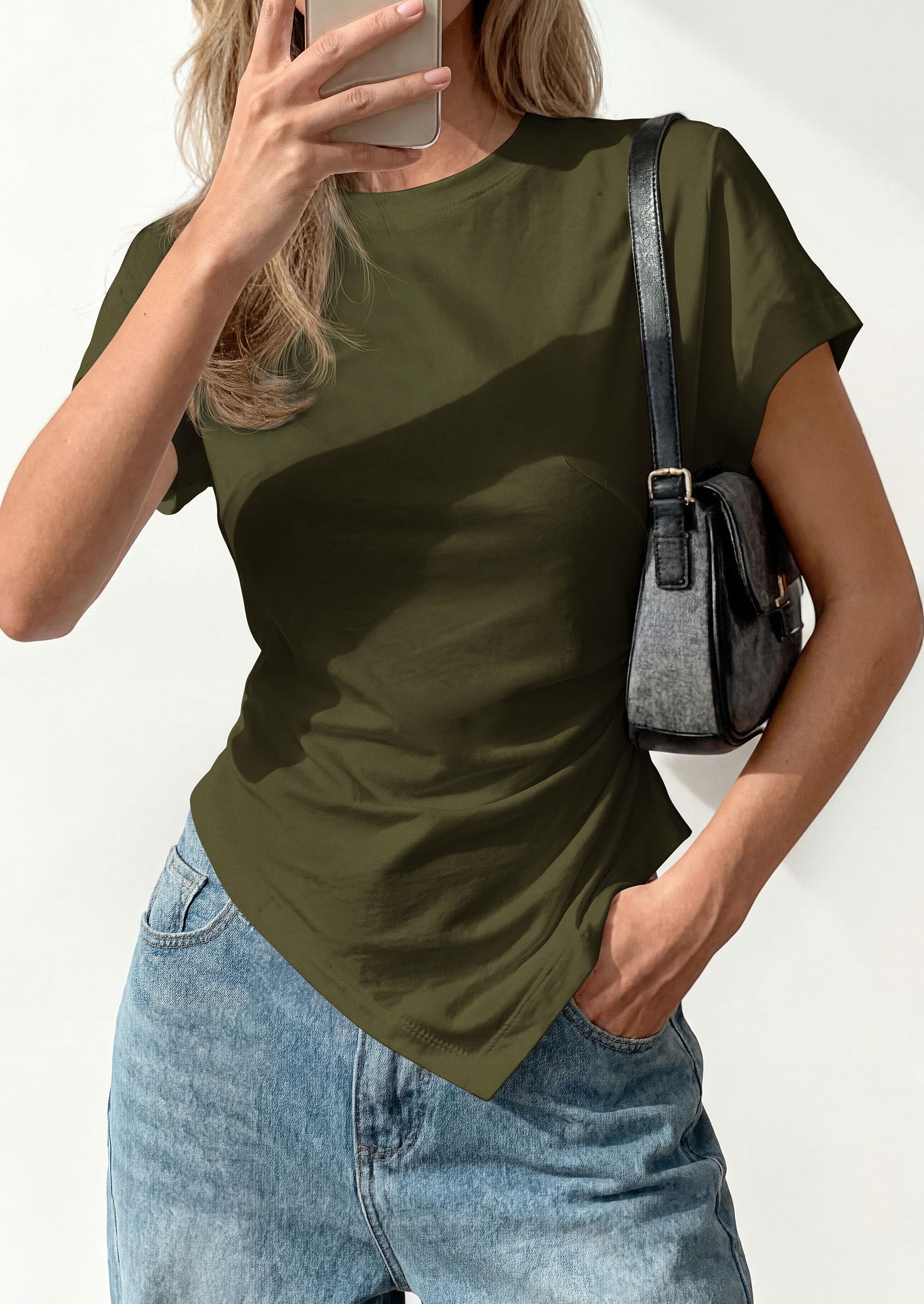 PRETTYGARDEN Womens Short Sleeve Crew Neck Trendy Shirts Spring Summer Y2K Going Out Tops Asymmetrical Ruched Blouse