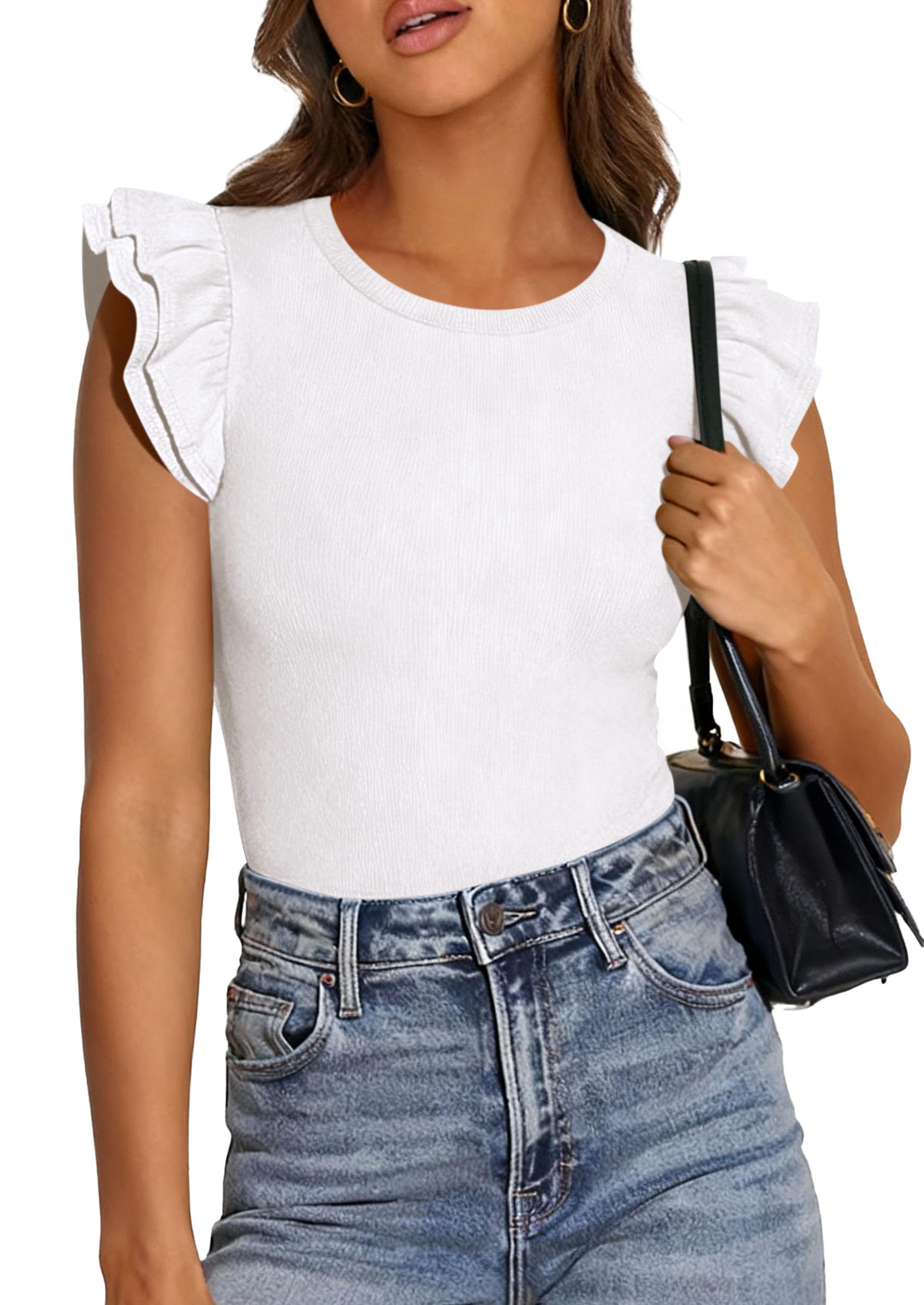 PRETTYGARDEN Womens Summer Crew Neck T Shirts Trendy Ruffle Sleeve Slim Fit Knit Going Out Tops Casual Spring Clothes