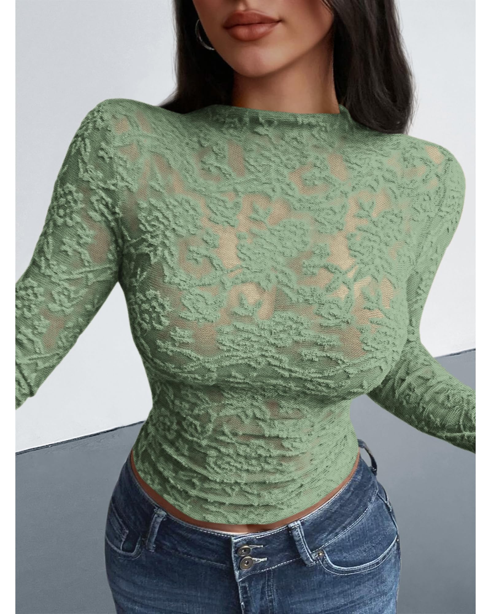 BTFBM Mesh Long Sleeve Tops for Women Lace Sheer Tight See Through Crew Neck Spring Fall Party Club Outfits