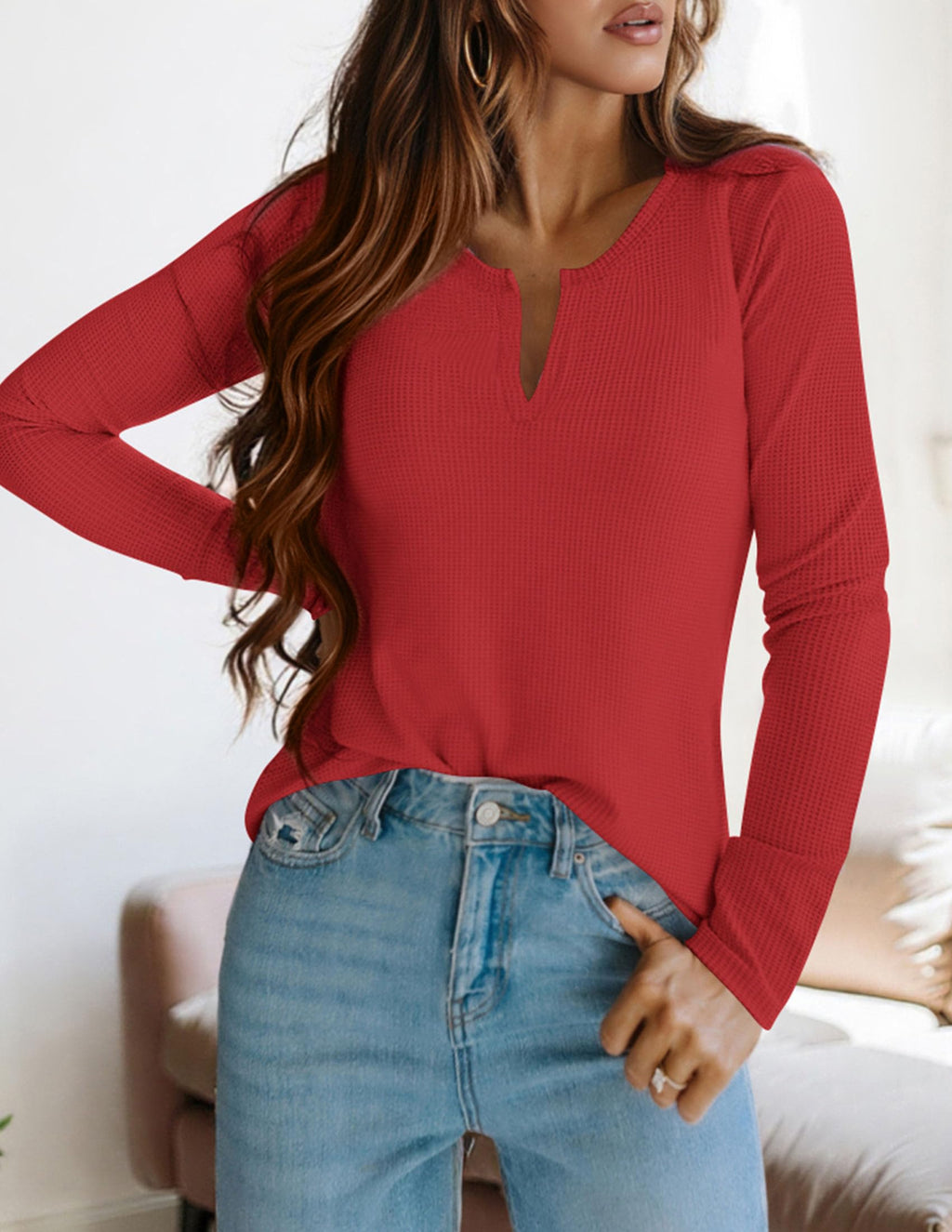 PRETTYGARDEN Long Sleeve Shirts for Women Fall V Neck Waffle Basic Tee Dressy Casual Winter Blouses Knit Tunic Tops