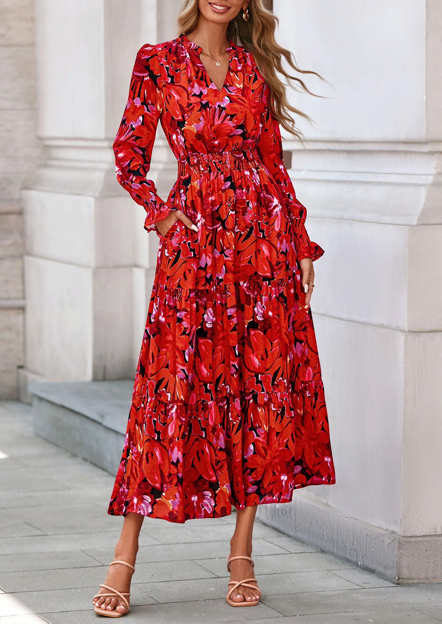 PRETTYGARDEN Women's Floral Maxi Dress Fall Long Sleeve V Neck Casual A Line Long Flowy Boho Party Dresses