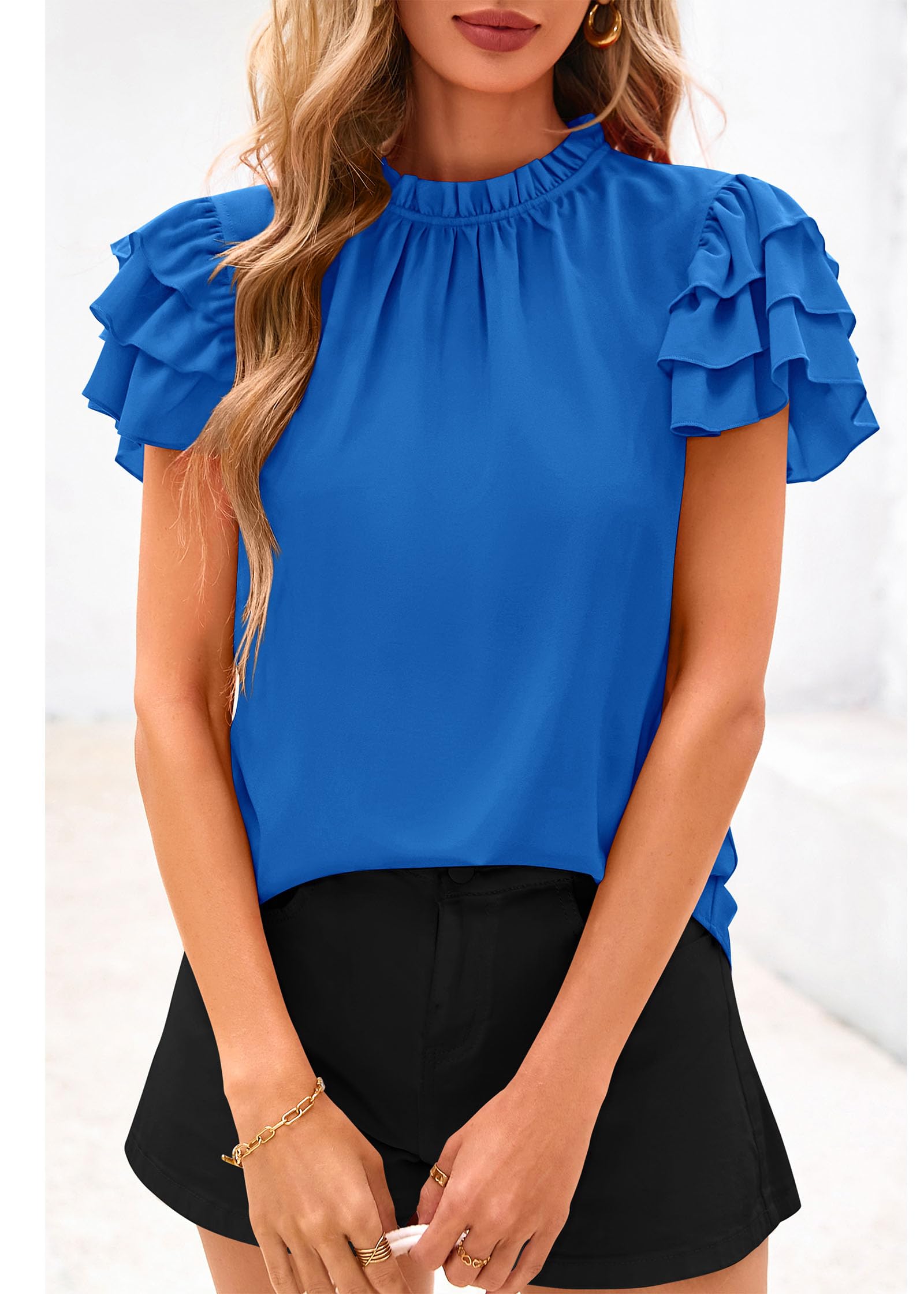 FreshPretty Blouses for Women Dressy Casual Spring Summer Ruffle Short Sleeve Mock Neck Work Shirts Tops Fashion Clothing