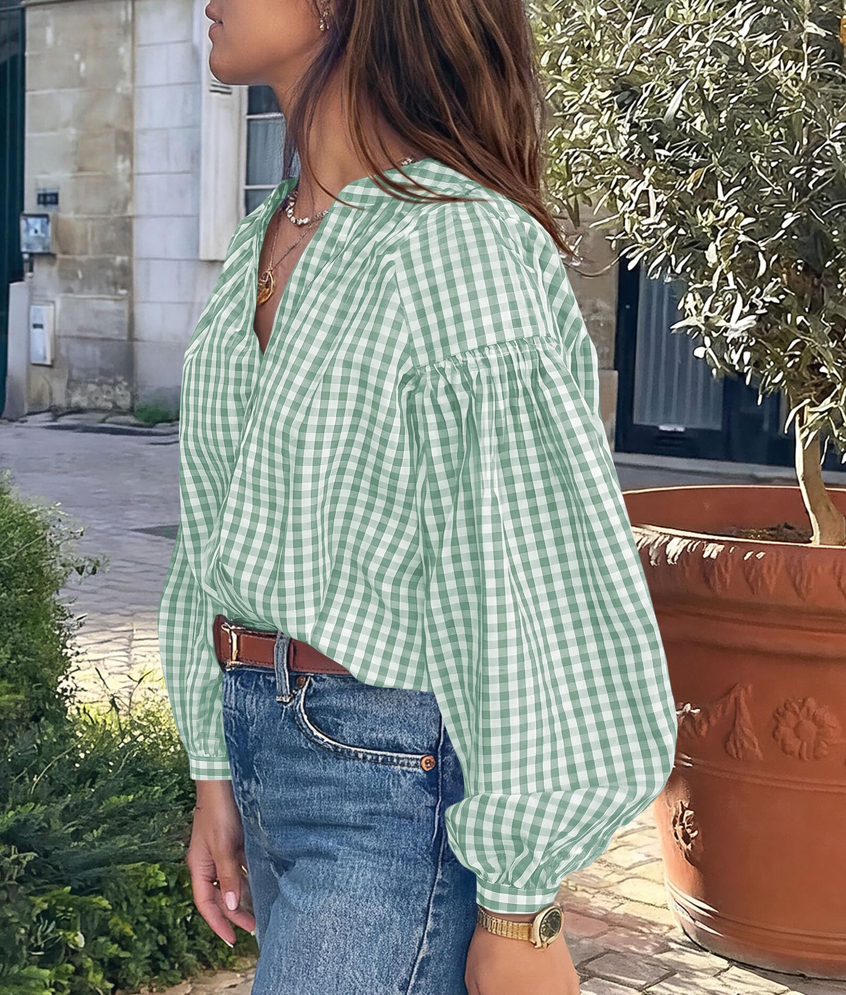 PRETTYGARDEN Women Fall Plaid Long Puff Sleeve Shirts V Neck Casual Blouses Gingham Button Down Oversized, Pleated Drop Shoulder Cotton Tops, Dressy Casual, Work Vacation Travel, Fall Outfits Trendy