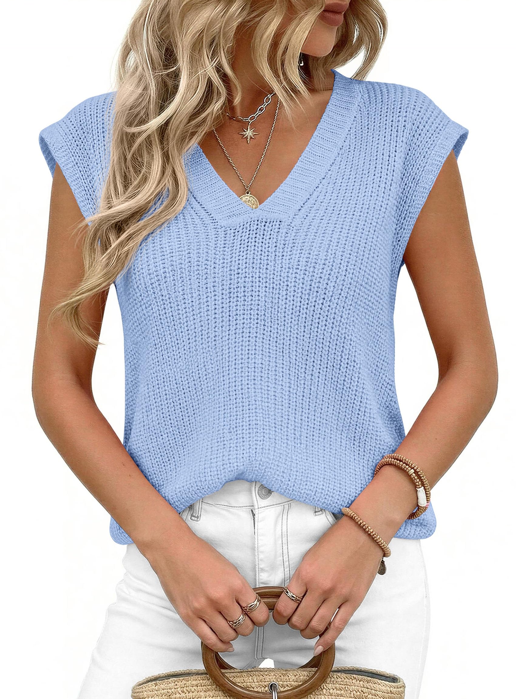 PRETTYGARDEN Women's Lightweight Sweaters Vest Spring Trendy Cap Sleeve V Neck Knit Tank Tops Summer Going Out Outfits