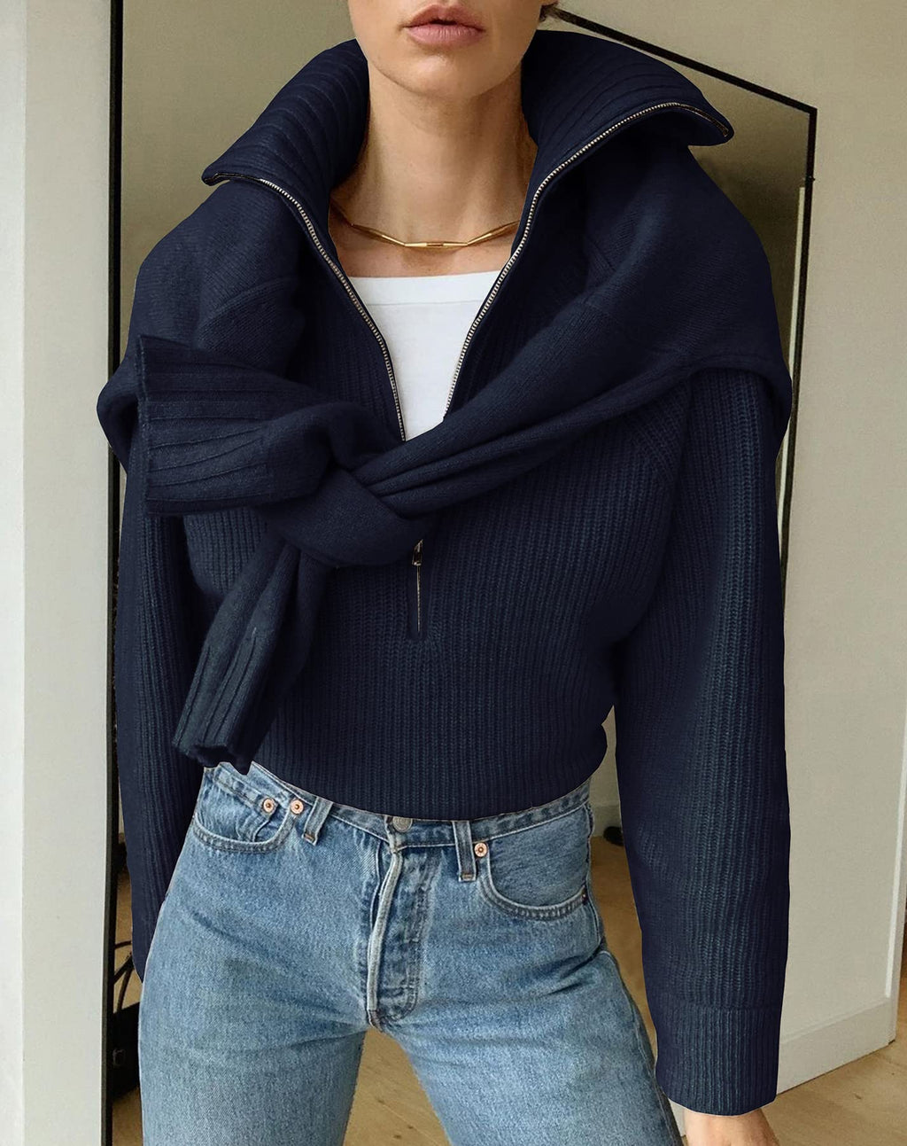 FreshPretty Womens Sweaters Quarter Zip Pullover V Neck Collar Long Sleeve Ribbed Knit Loose Casual Winter Fall Sweater