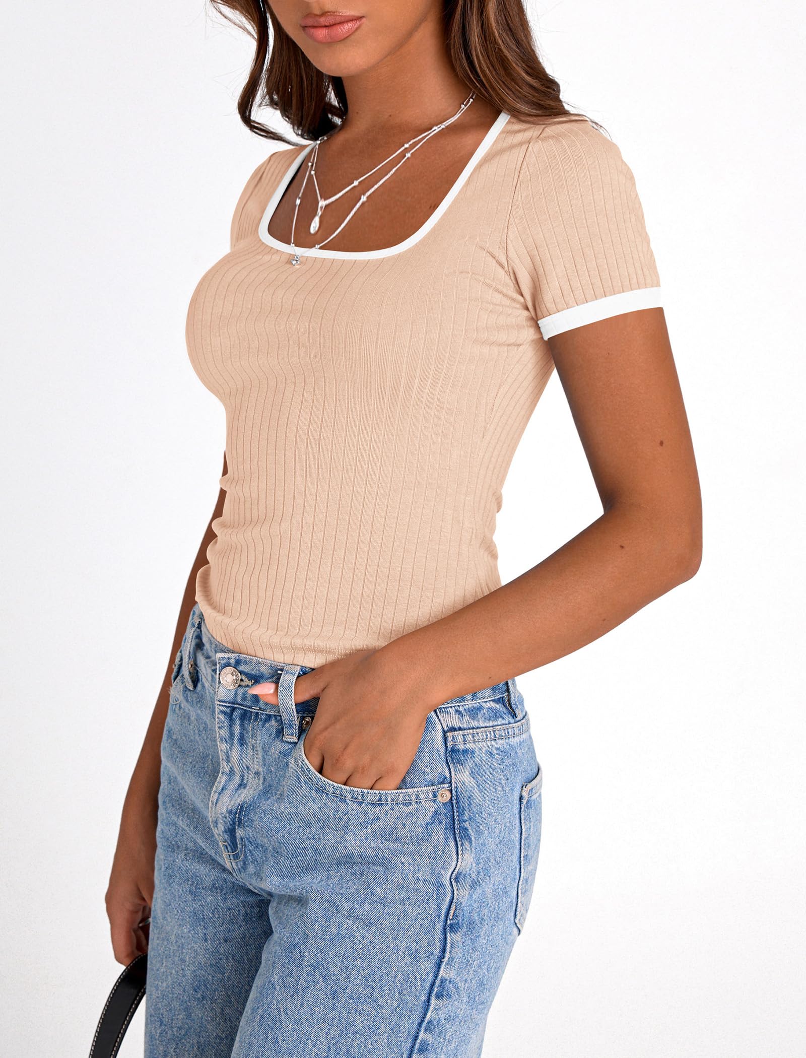 PRETTYGARDEN Women's Summer Short Sleeve T Shirts Ribbed Knit Square Neck Color Block Slim Fit Basic Casual Crop Tops Blouses