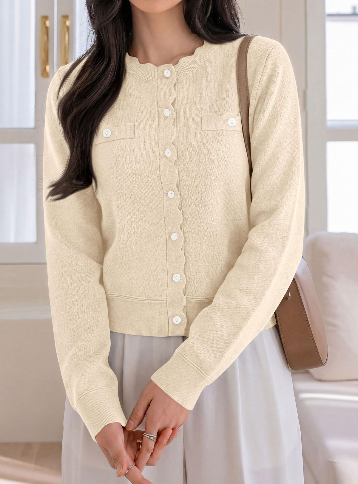 PRETTYGARDEN Cardigan Sweaters for Women Scalloped Button Up Fall Outfits Soft Knit Long Sleeve Knit Tops,Crew Neck,Business Casual Outfits,Office Work Lightweight Sweater,Layers Clothes