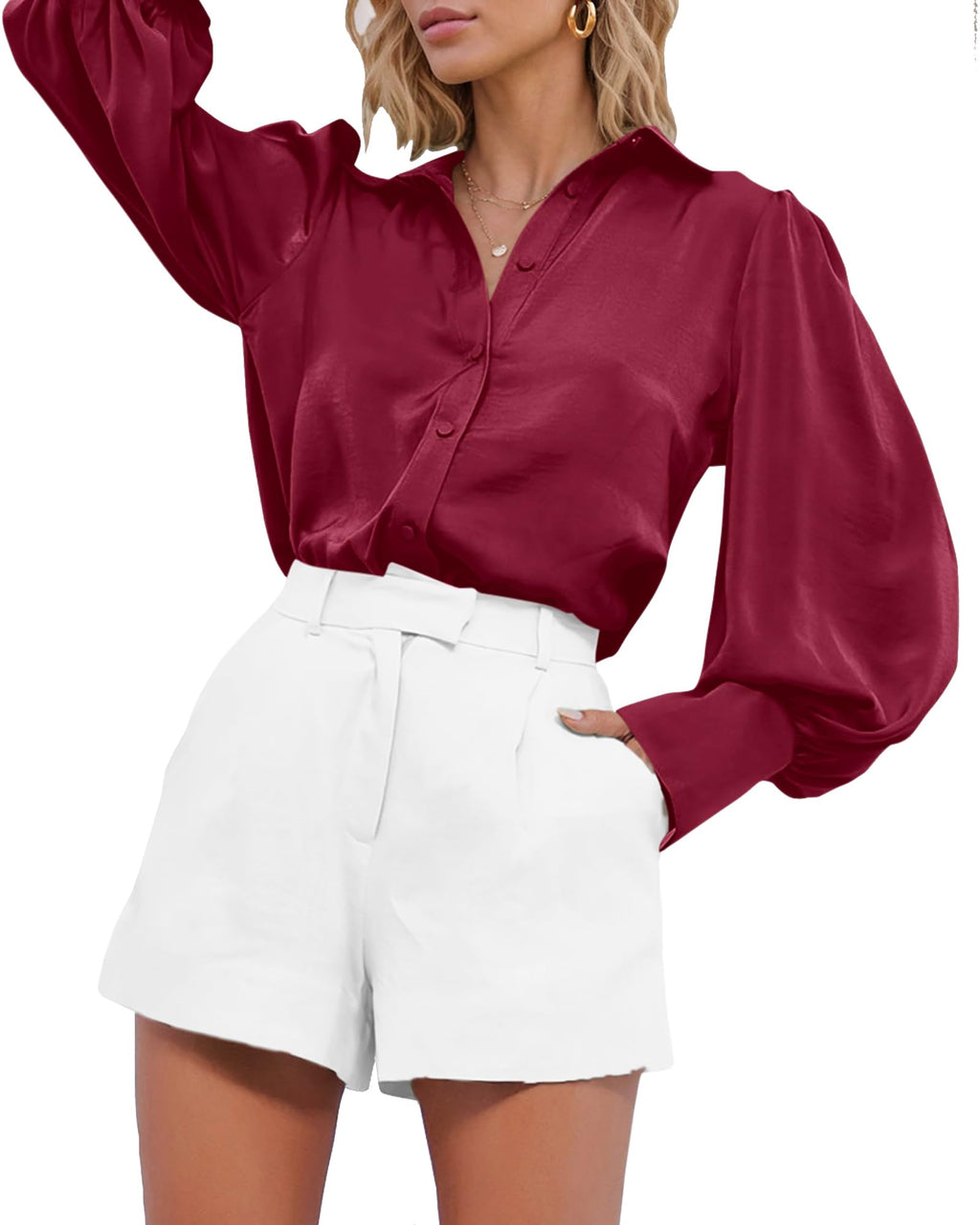 BTFBM Women Satin Blouses Summer Fall Clothes Button Down Lantern Long Sleeve Shirts Work Business Casual Dressy Tops