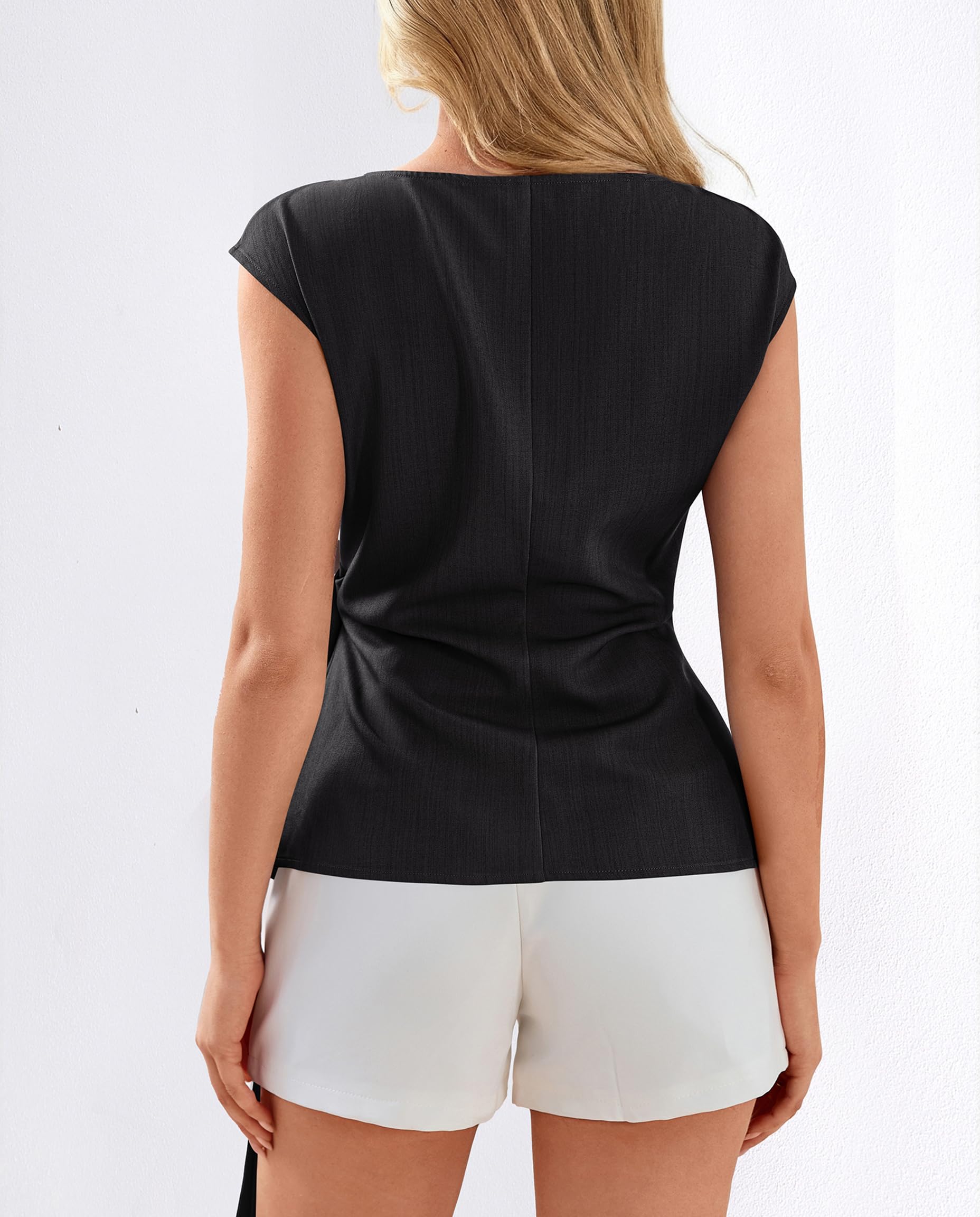 FreshPretty Womens Tops Summer Cap Sleeve Crew Neck Tie Waist Blouses Dressy Casual Business Work Clothes Spring Fashion