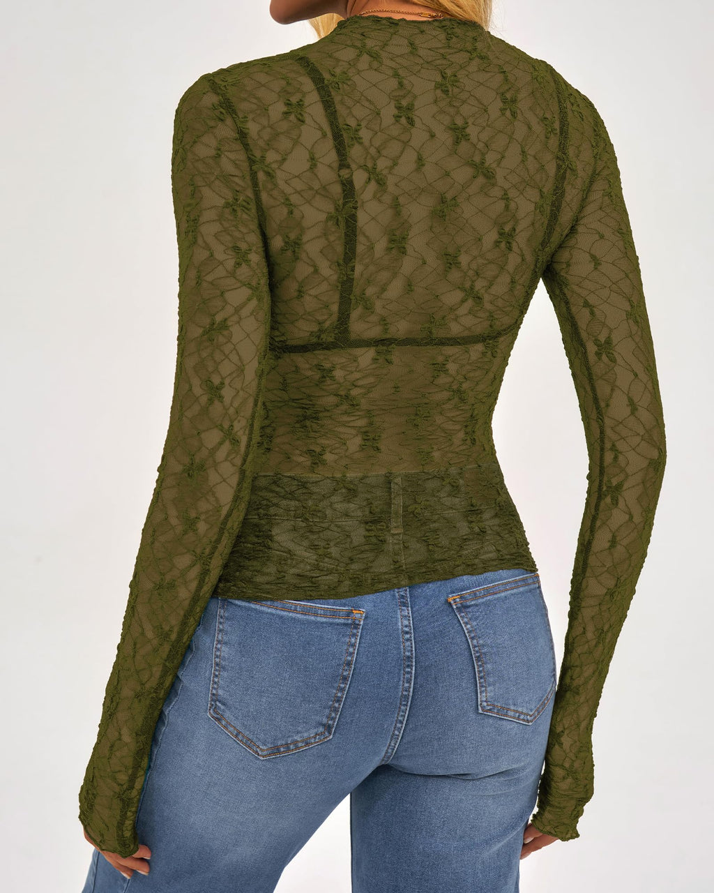 BTFBM Womens Tops Mesh Lace Long Sleeve Tops for Women Spring Fall Sheer See Through Tight Party Club Outfits
