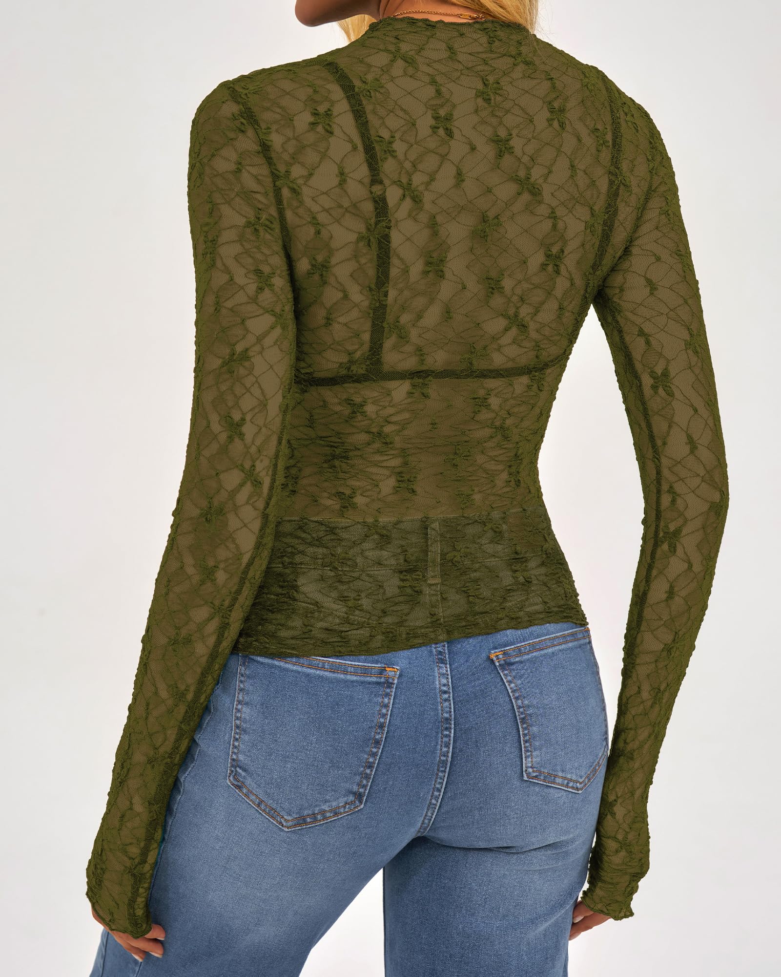 BTFBM Womens Tops Mesh Lace Long Sleeve Tops for Women Spring Fall Sheer See Through Tight Party Club Outfits