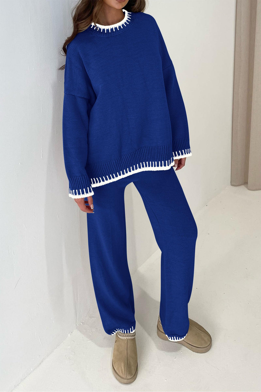 PRETTYGARDEN Women's 2 Piece Knit Sweater Outfit Casual Long Sleeve Pullover Wide Leg Pants Tracksuit Loungewear Set