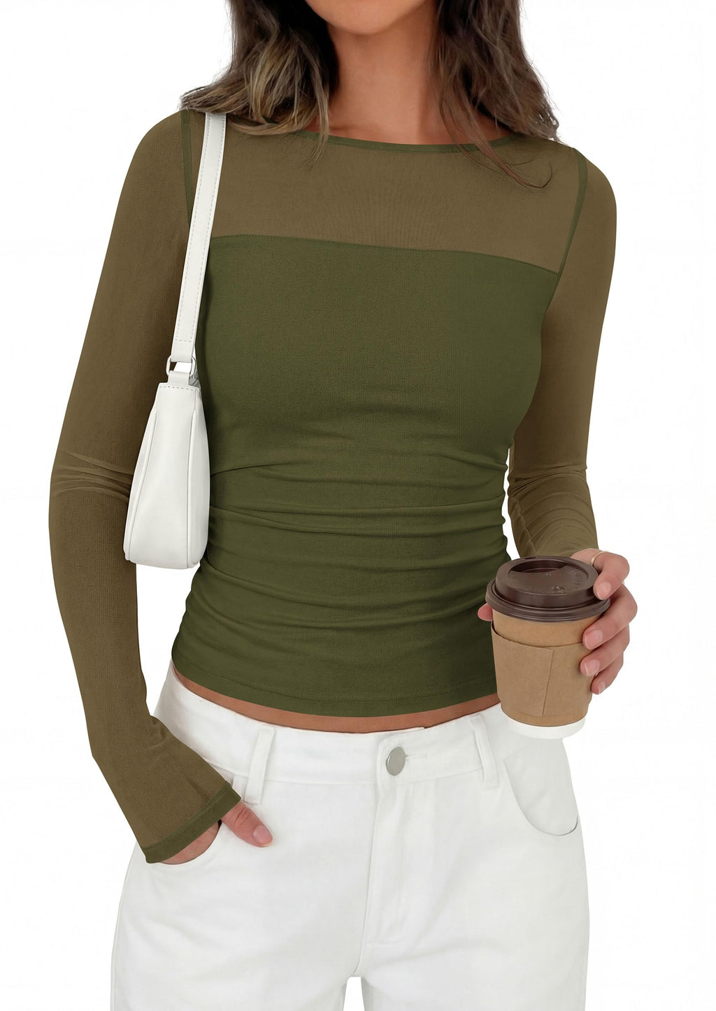 PRETTYGARDEN Women's Sheer Mesh Long Sleeve Going Out Tops | Comfy Stretchy Patchwork,Boat Neck,Ruched Slim Fitted,See Through,Trendy Shirts,Date Night Outfit,Early Fall Fashion Clothing