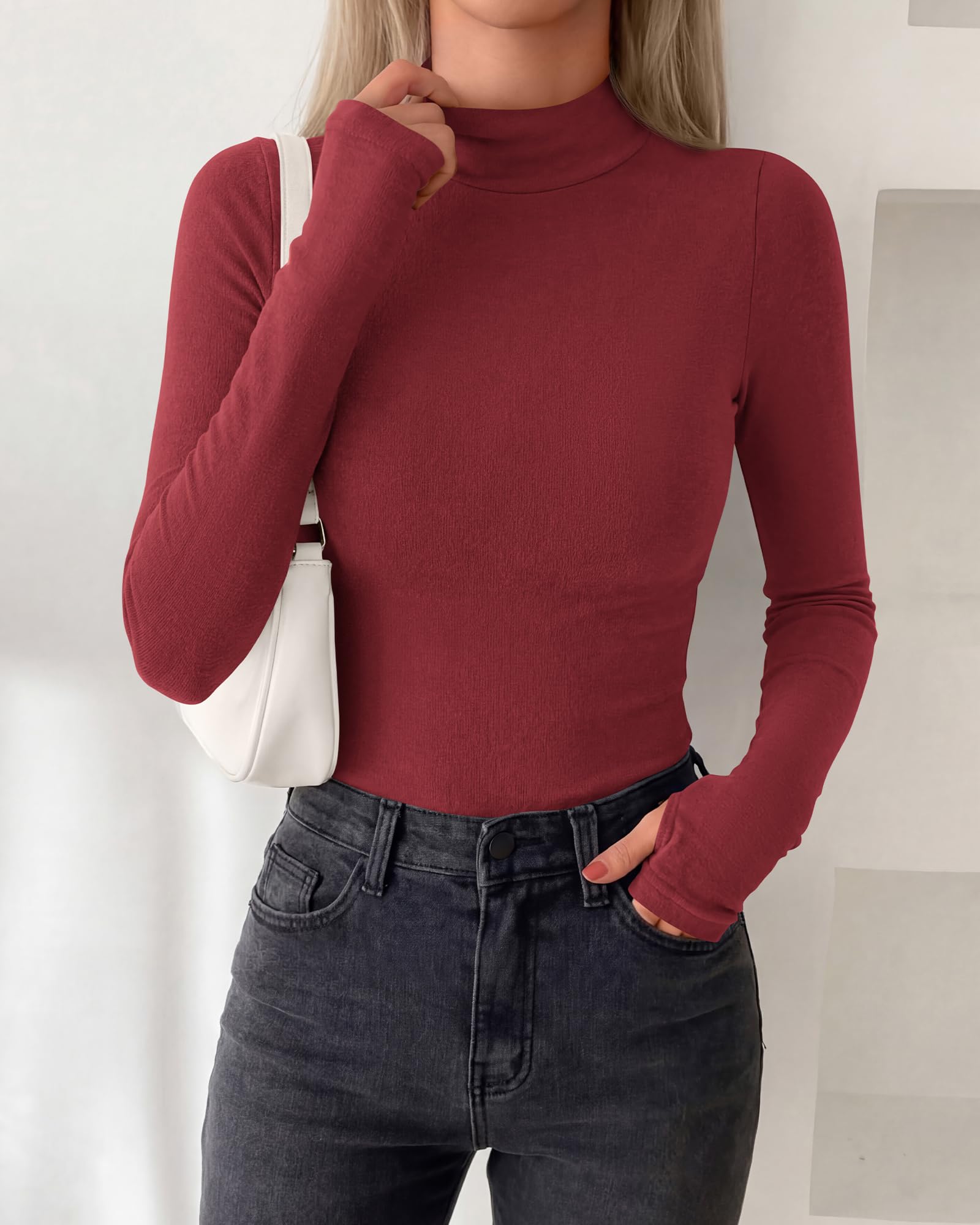 BTFBM Turtleneck Tops for Women Thumbhole Long Sleeve Shirts | Lightweight Fleece Lining, Casual Basic Layering Top, Slim Fit Stretch Winter Thermal Underwear, Fall Fashion Clothing
