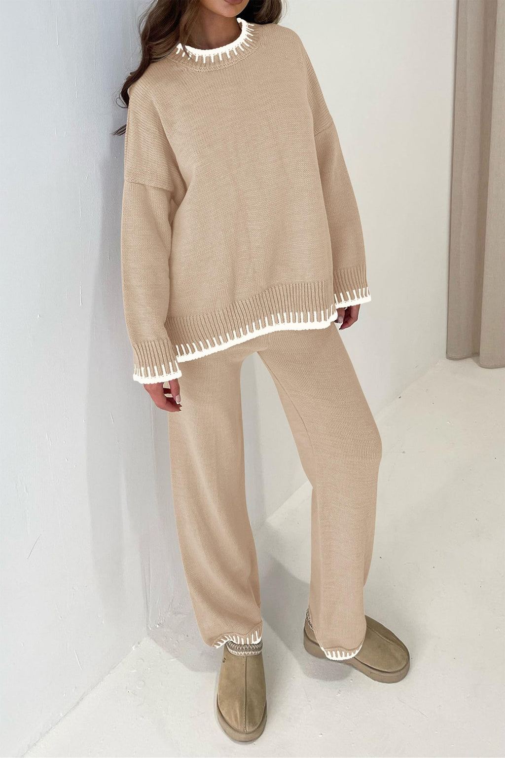 PRETTYGARDEN Women's 2 Piece Knit Sweater Outfit Casual Long Sleeve Pullover Wide Leg Pants Tracksuit Loungewear Set