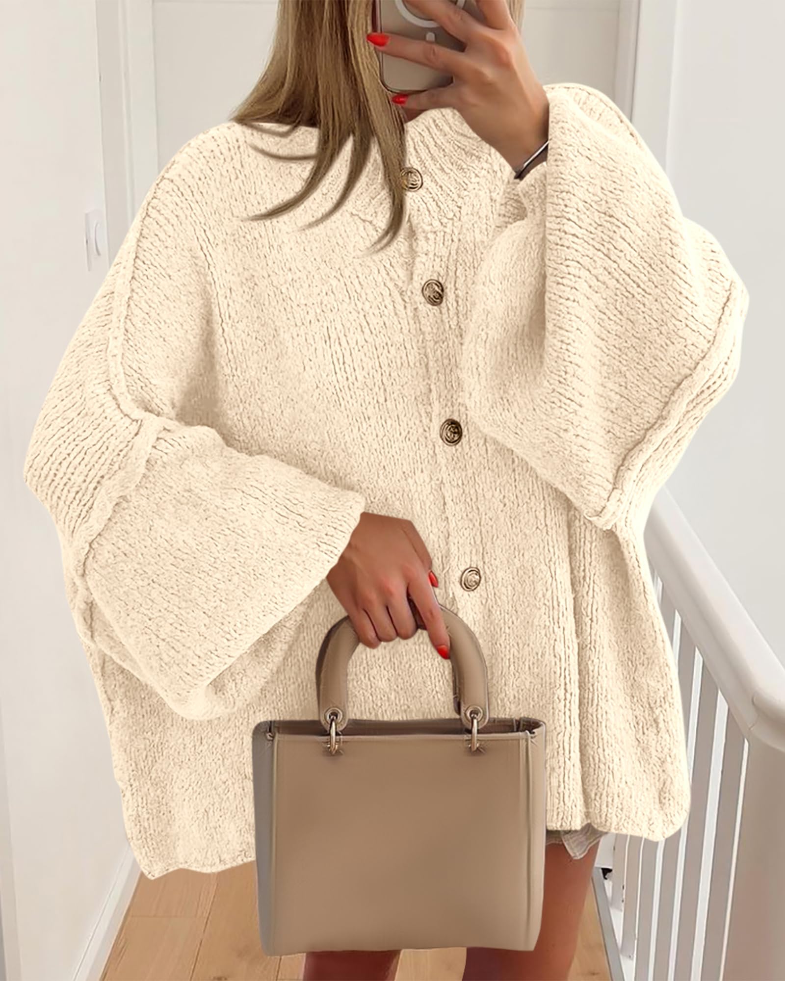 BTFBM Cardigan Sweaters for Women Fall Clothes Lantern Long Sleeve Button Open Front Chunky Knit Oversized Sweater