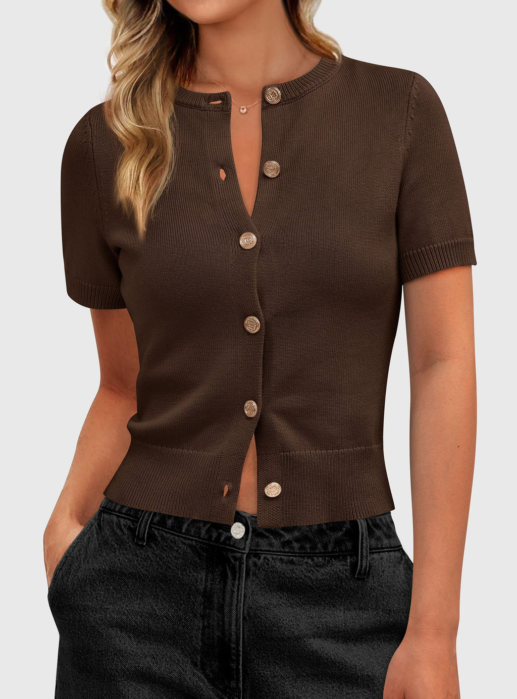 PRETTYGARDEN Womens Casual Summer Short Sleeve Cardigans Button Down Knitted Sweater Basic Crew Neck Crop Tops