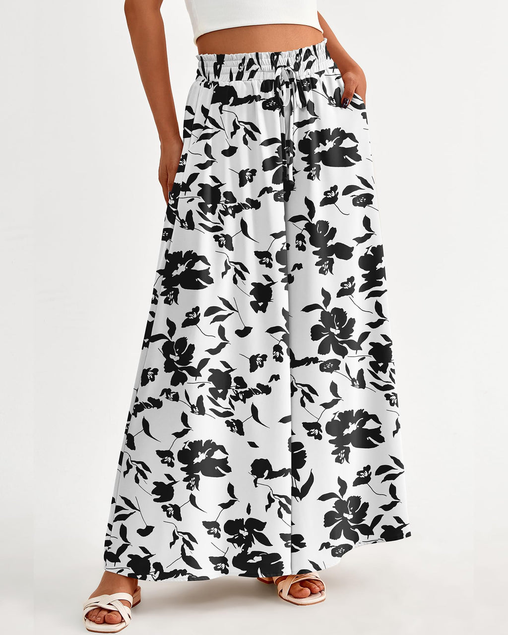 FreshPretty Women Casual High Waist Wide Leg Pants Summer Fall Long Palazzo Pants Pocket Lounge Vacation Beach Trousers