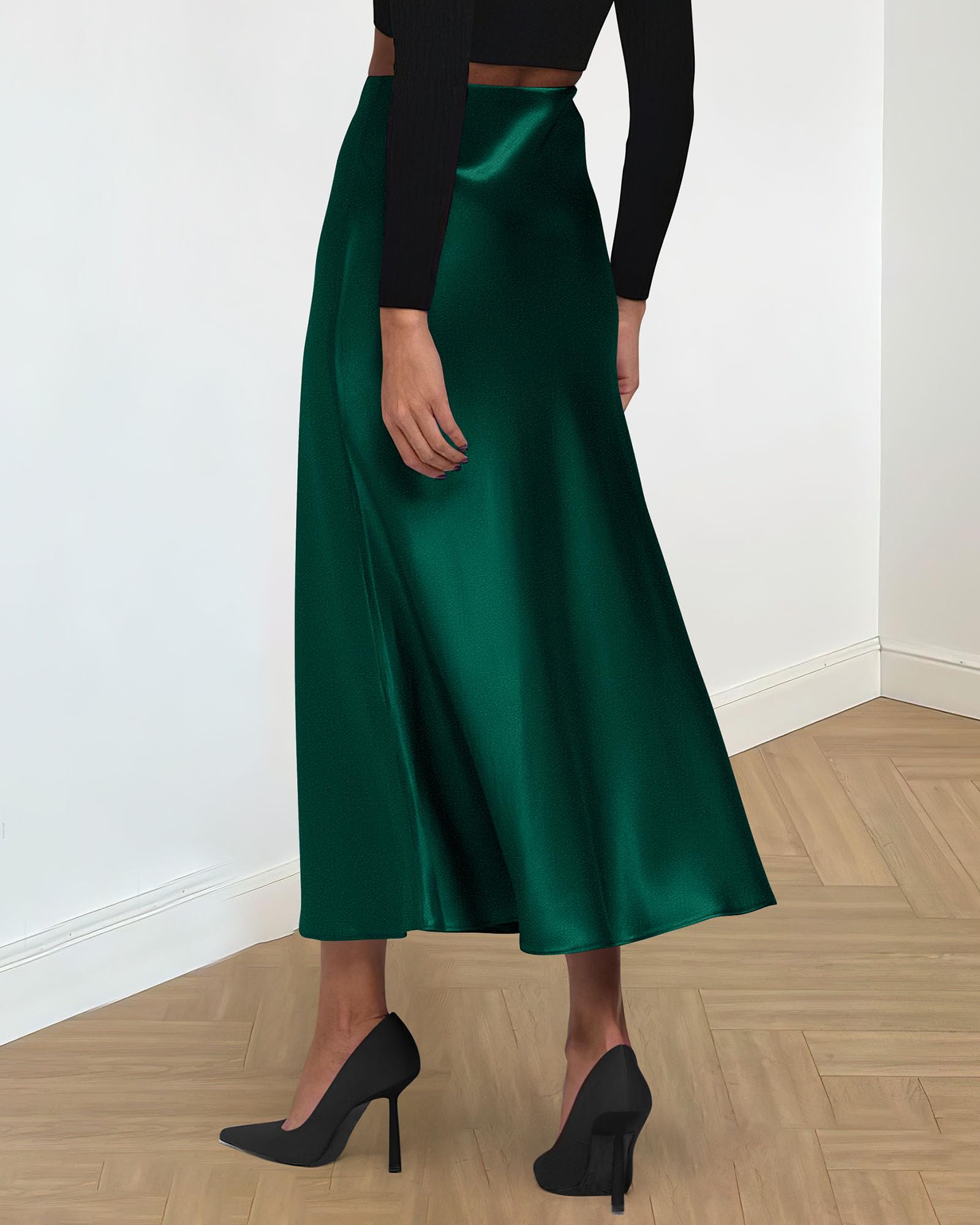 BTFBM Summer Womens Skirts Silk Elegant High Waist Flowy Long Satin A-Line Midi Skirt Cocktail Wedding Party