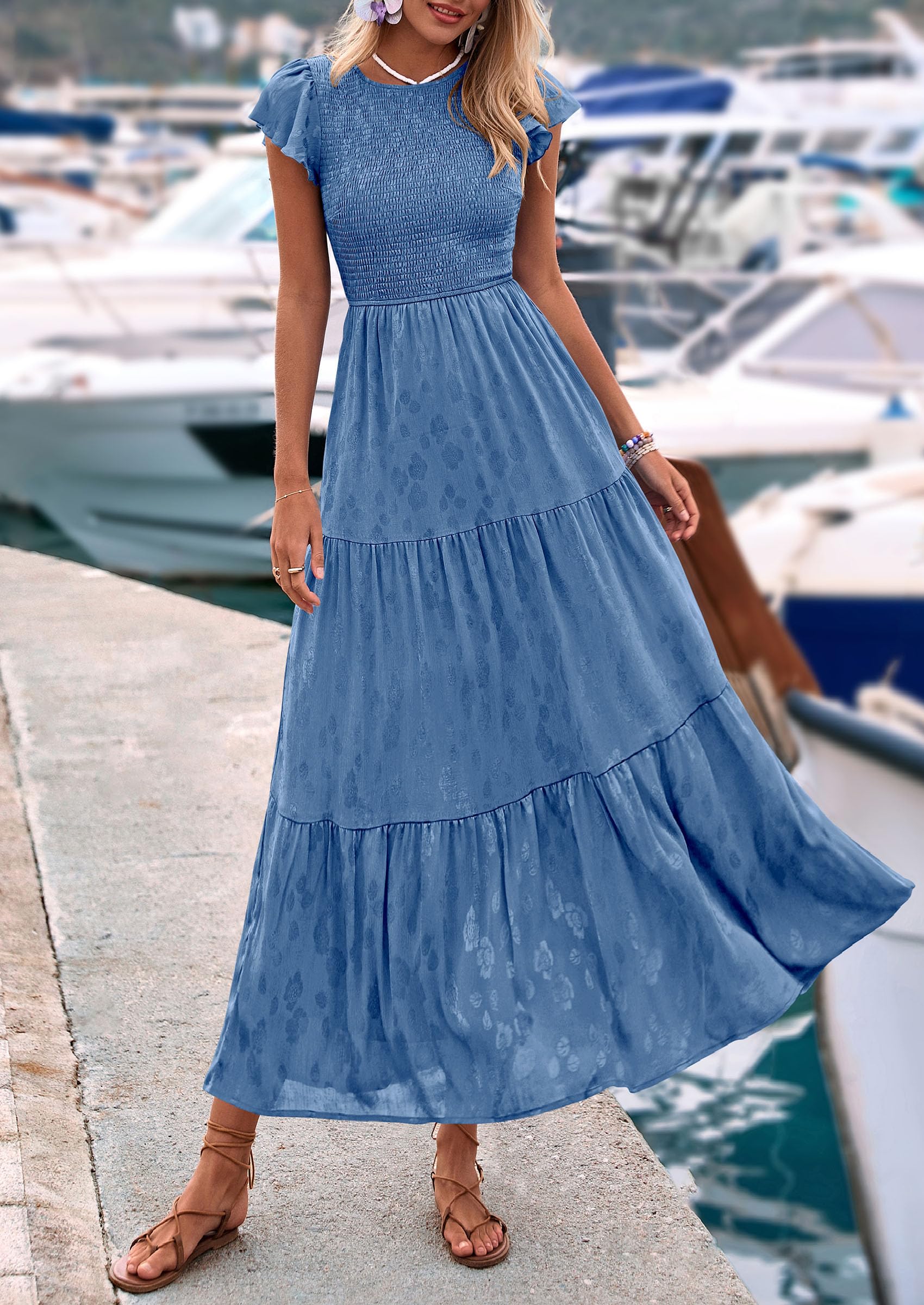 PRETTYGARDEN Wedding Guest Dresses for Women Summer Floral Cap Sleeve Smocked A Line Long Elegant Party Boho Dress