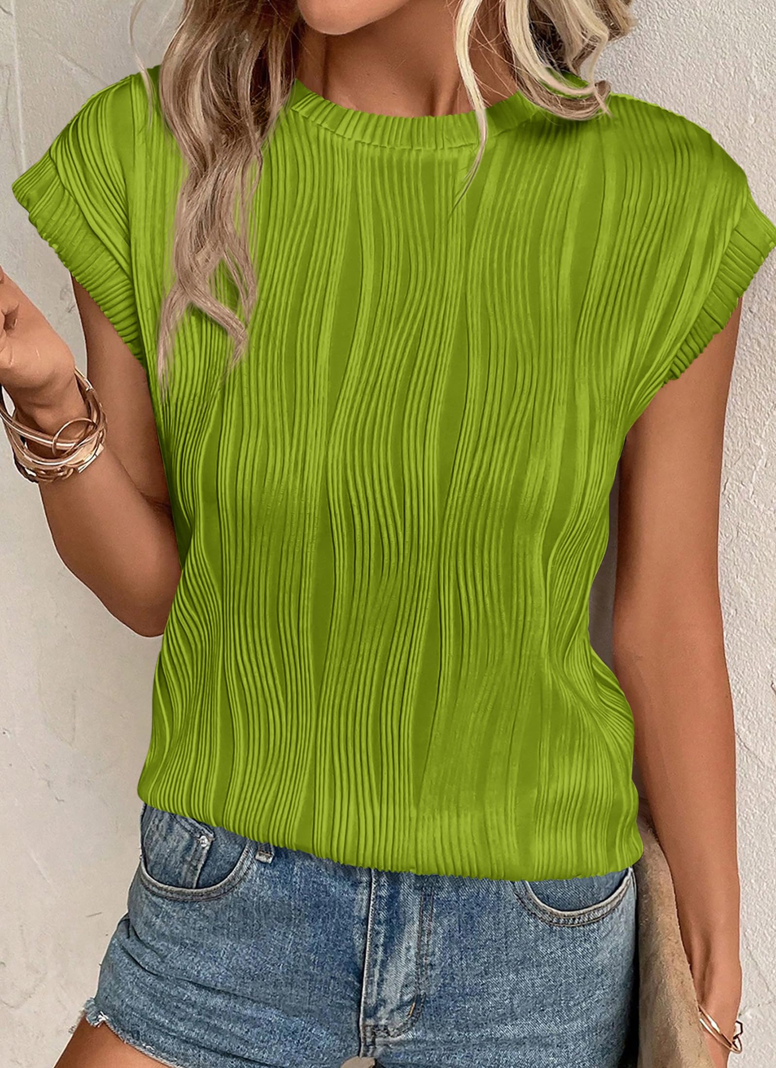 PRETTYGARDEN Blouses for Women Dressy Casual Spring Summer Business Office Tops Cap Sleeve Textured Cute Work Shirt