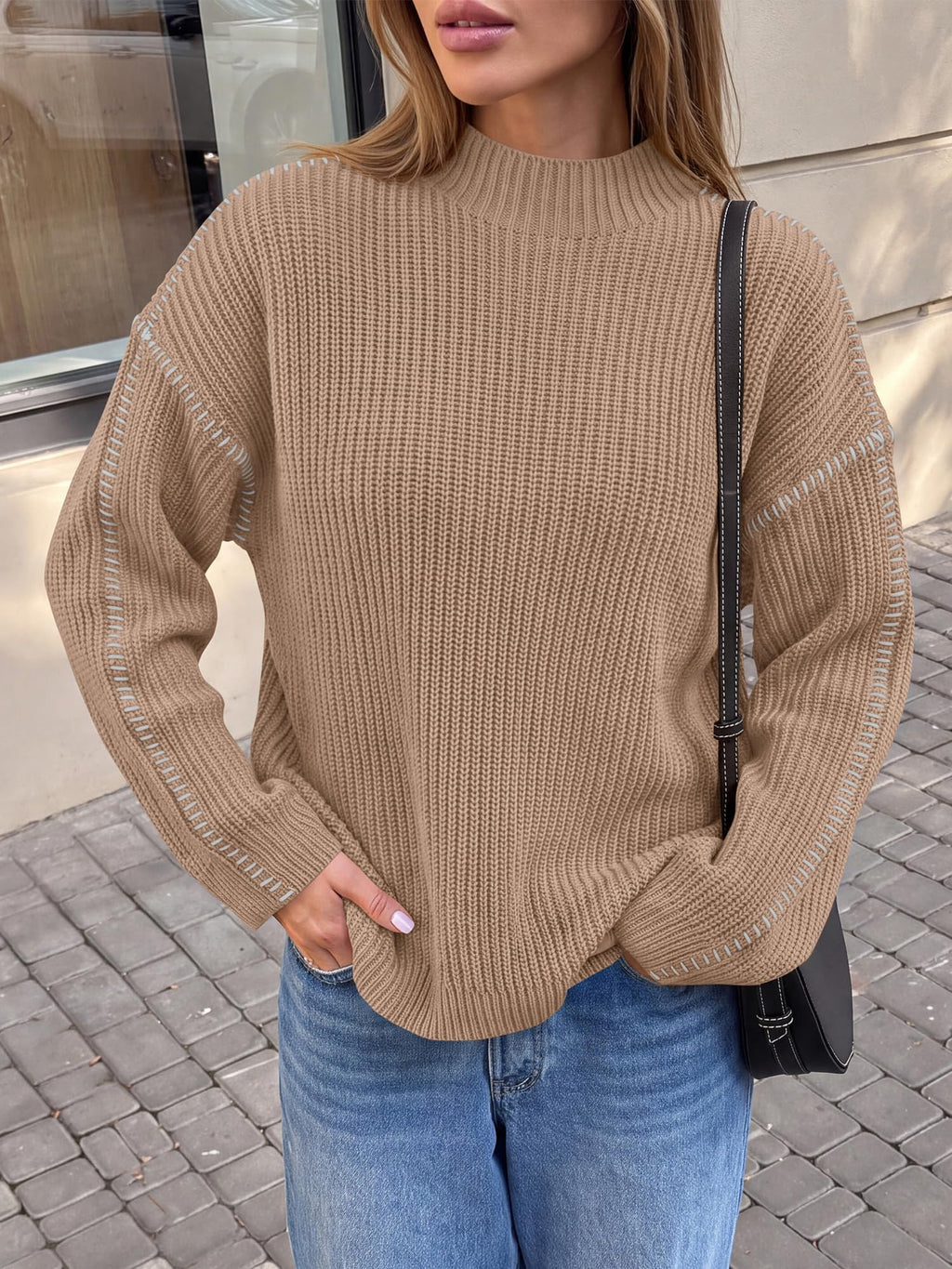 "BTFBM Womens Oversized Sweaters Contrast Chunky Knit Sweater Loose Fit Mock Neck Long Sleeve Tops, Soft Cozy Knitwear, Fall Fashion 2026, Casual Winter Clothing, Daily Going Out Outfits"