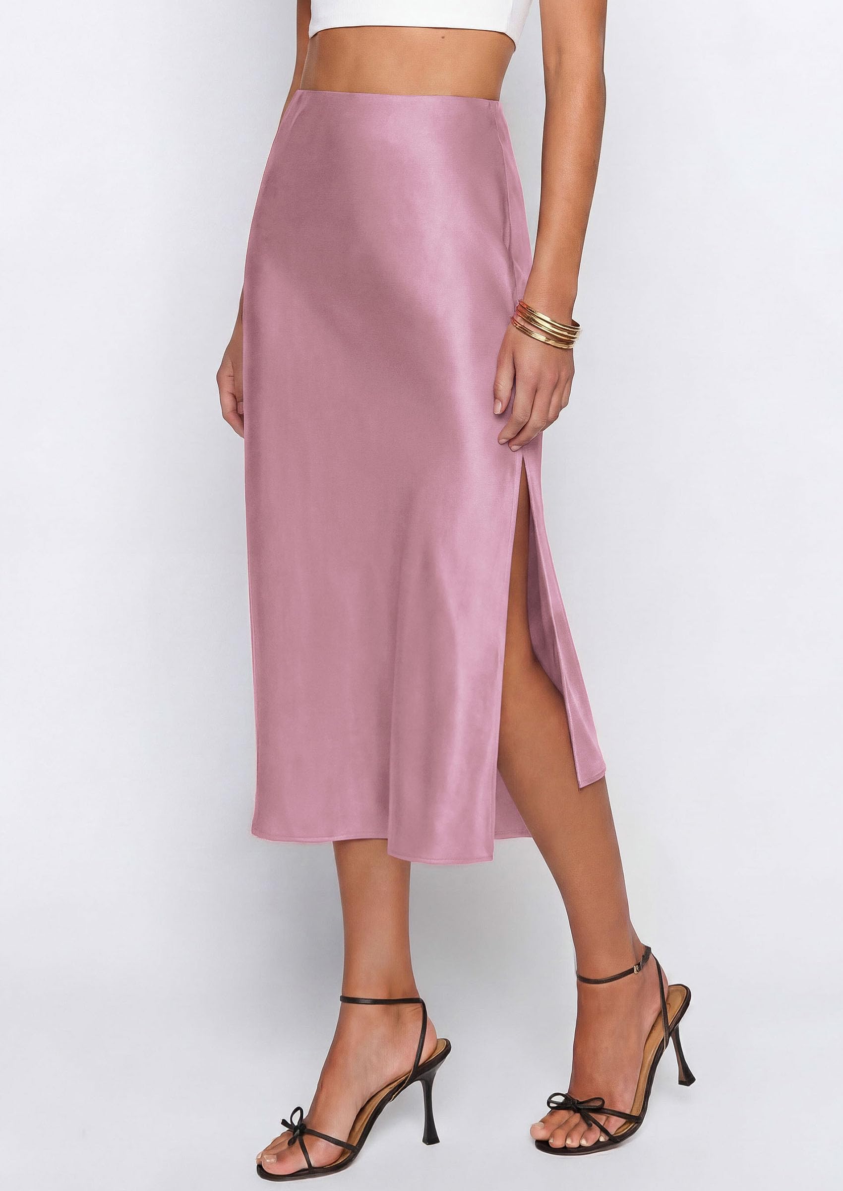 PRETTYGARDEN Womens Satin Skirt Summer Silk Business Casual High Waisted A Line Flowy Work Wedding Cocktail Midi Skirts