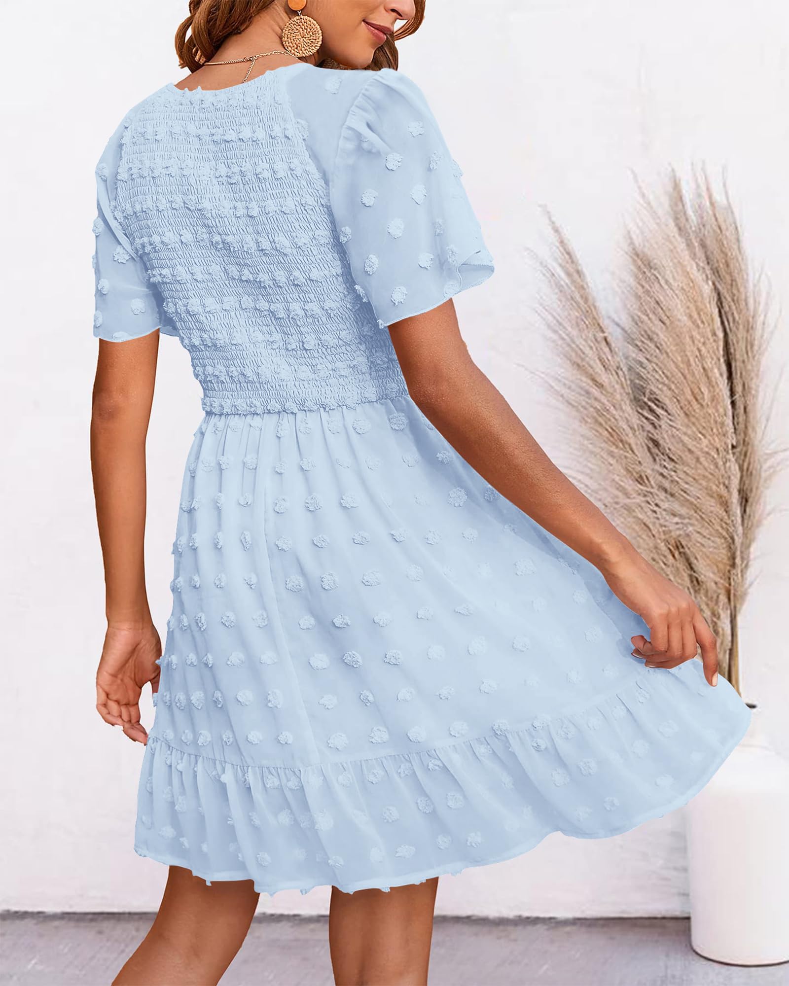 FreshPretty Womens Beach Vacation Dress Summer V Neck Short Sleeve Smocked Swiss Dot Cute Ruffle Casual Fall Mini Dresses