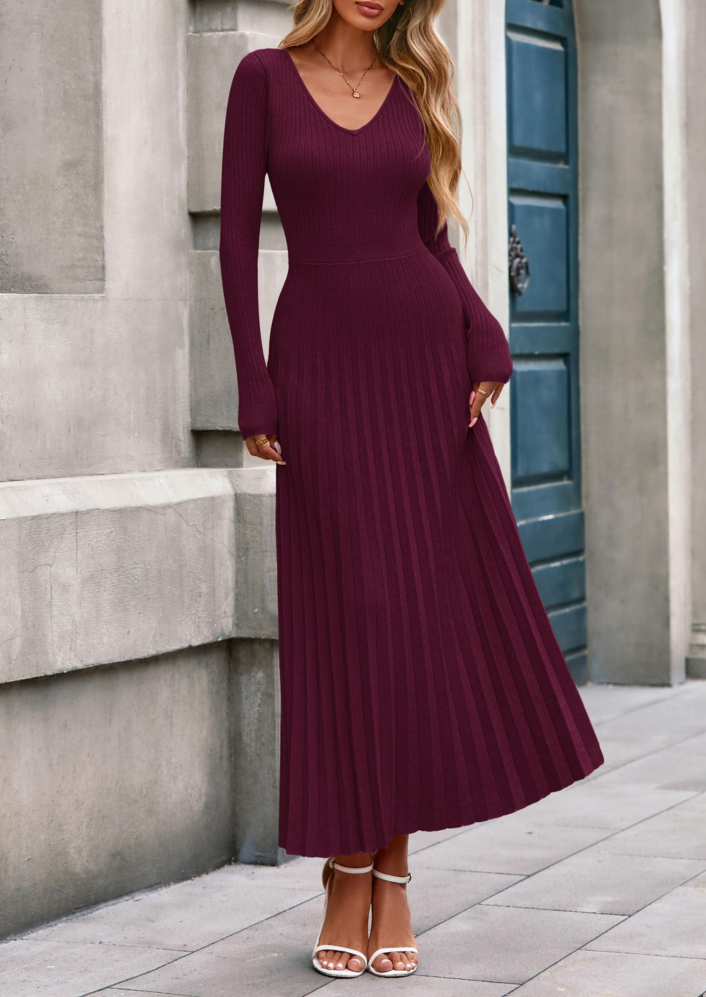 PRETTYGARDEN Women Sweater Dress Fall Fashion Long Sleeve V Neck Ribbed Knit Pleated A Line Elegant Maxi Winter Dresses