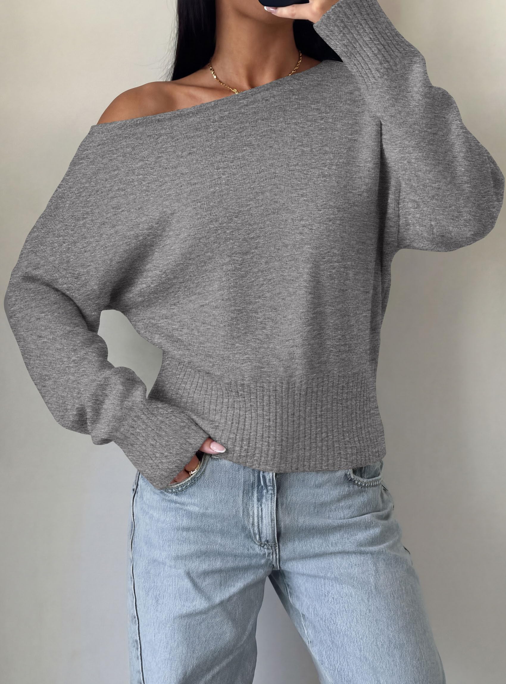 PRETTYGARDEN Womens Off The Shoulder Sweater Fall Fashion Soft Stretchy Knit Fabric, Batwing Long Sleeve Cinched Waist Cropped Sweaters, Date Night Outfit, Asymmetrical Going Out Tops