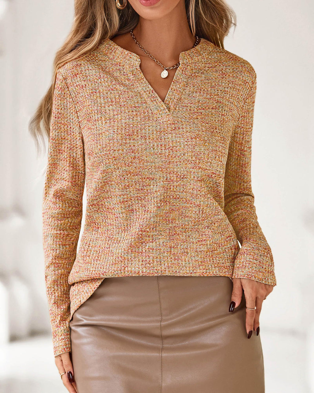 FreshPretty Waffle Knit Tops V Neck Long Sleeve Blouses for Women Dressy Casual Henley Work Shirts Spring Fall Clothes