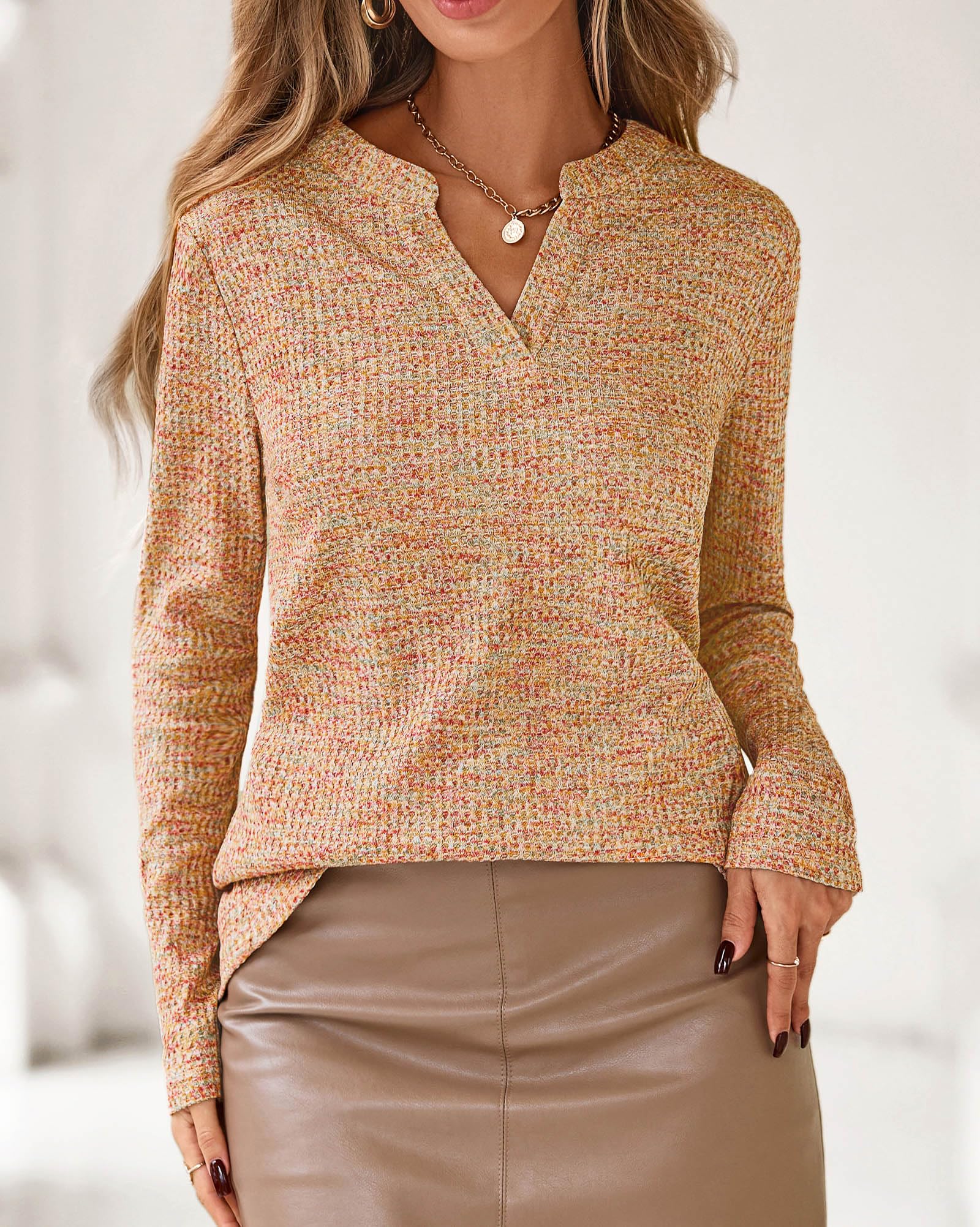 FreshPretty Waffle Knit Tops V Neck Long Sleeve Blouses for Women Dressy Casual Henley Work Shirts Spring Fall Clothes