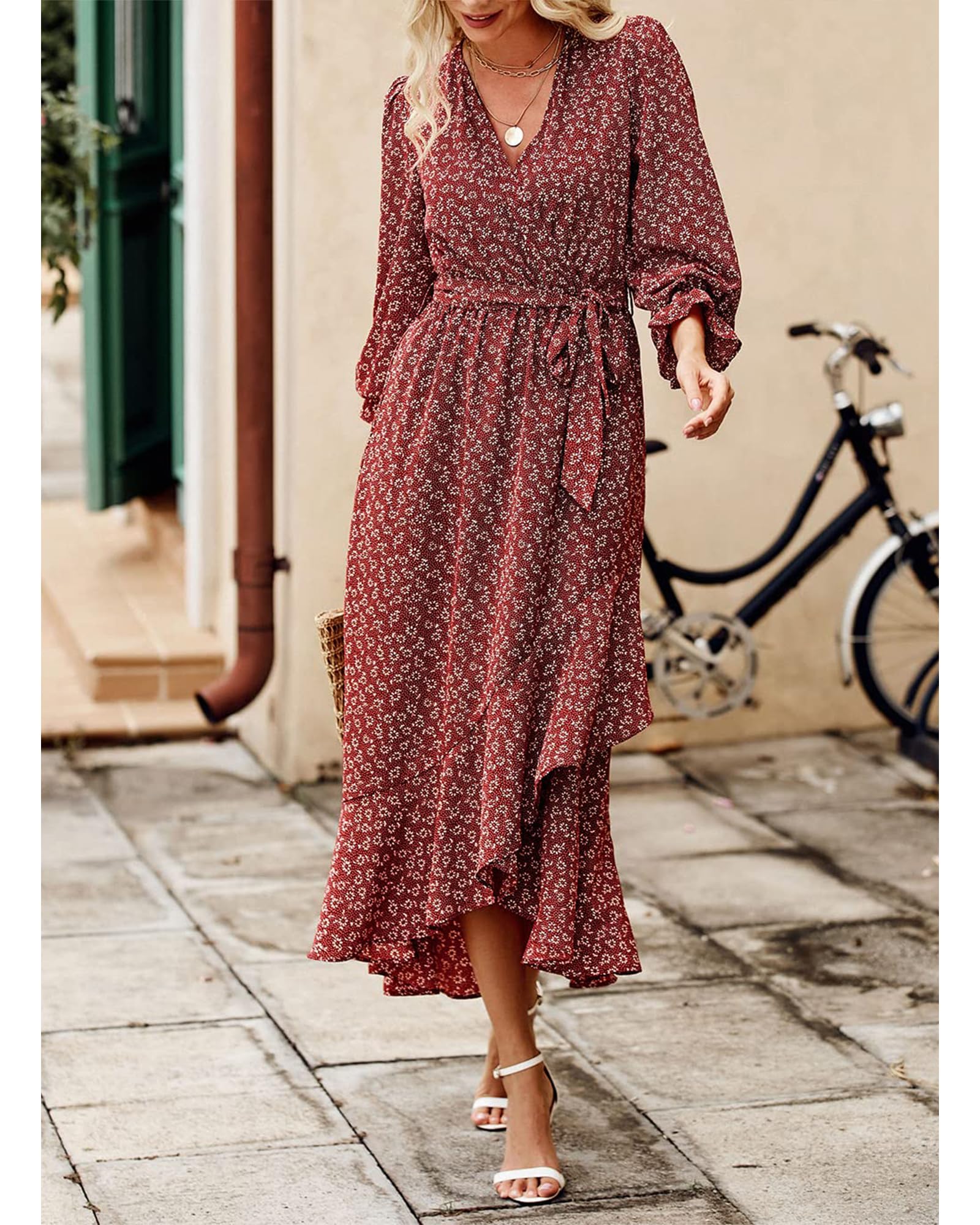 BTFBM Womens Dresses Summer V Neck Floral High Waist Ruffle Wedding Guest Cocktail Boho Spring Long Sleeve Dress