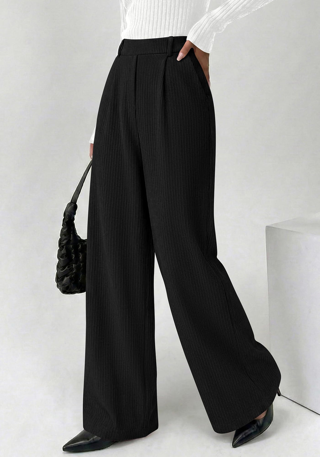 BTFBM Wide Leg Pants for Women Dressy Work Business Casual Elastic High Waisted Trousers Ribbed Lounge Palazzo Pants