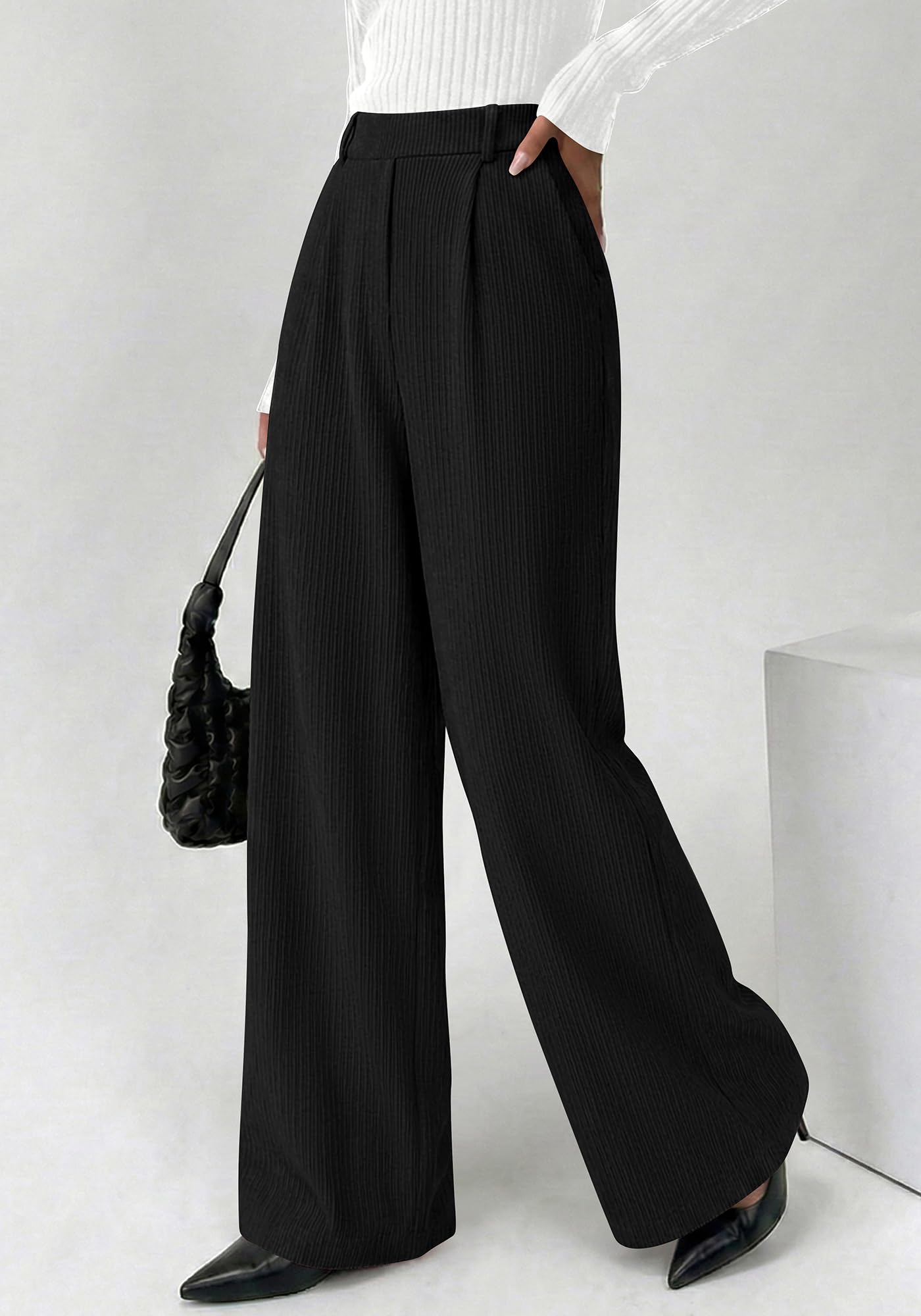 BTFBM Wide Leg Pants for Women Dressy Work Business Casual Elastic High Waisted Trousers Ribbed Lounge Palazzo Pants