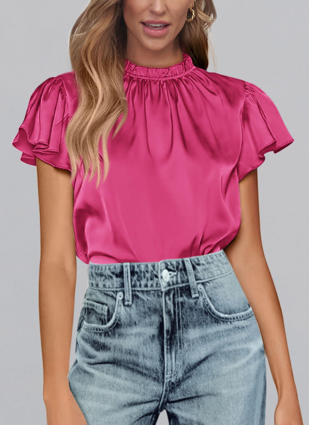PRETTYGARDEN Business Casual Tops for Women Blouses Dressy  Summer Short Sleeve Ruffle Satin Work Office Attire