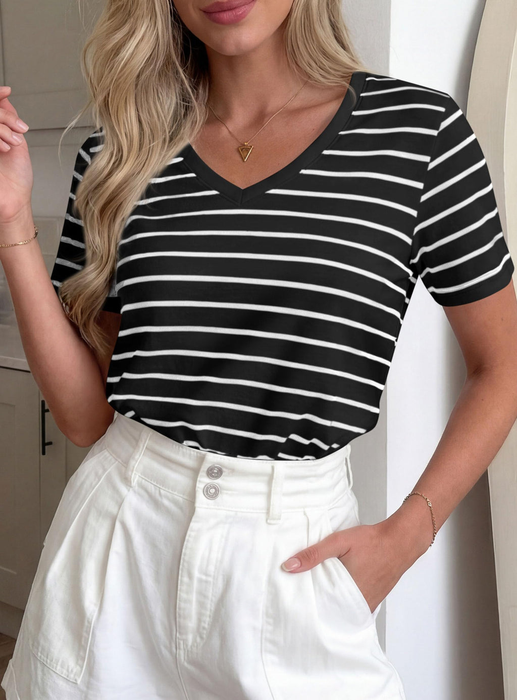 PRETTYGARDEN Short Sleeve Shirts for Women Spring V Neck Cute Tops Casual Striped Shirt Knitted Tees Summer Outfits
