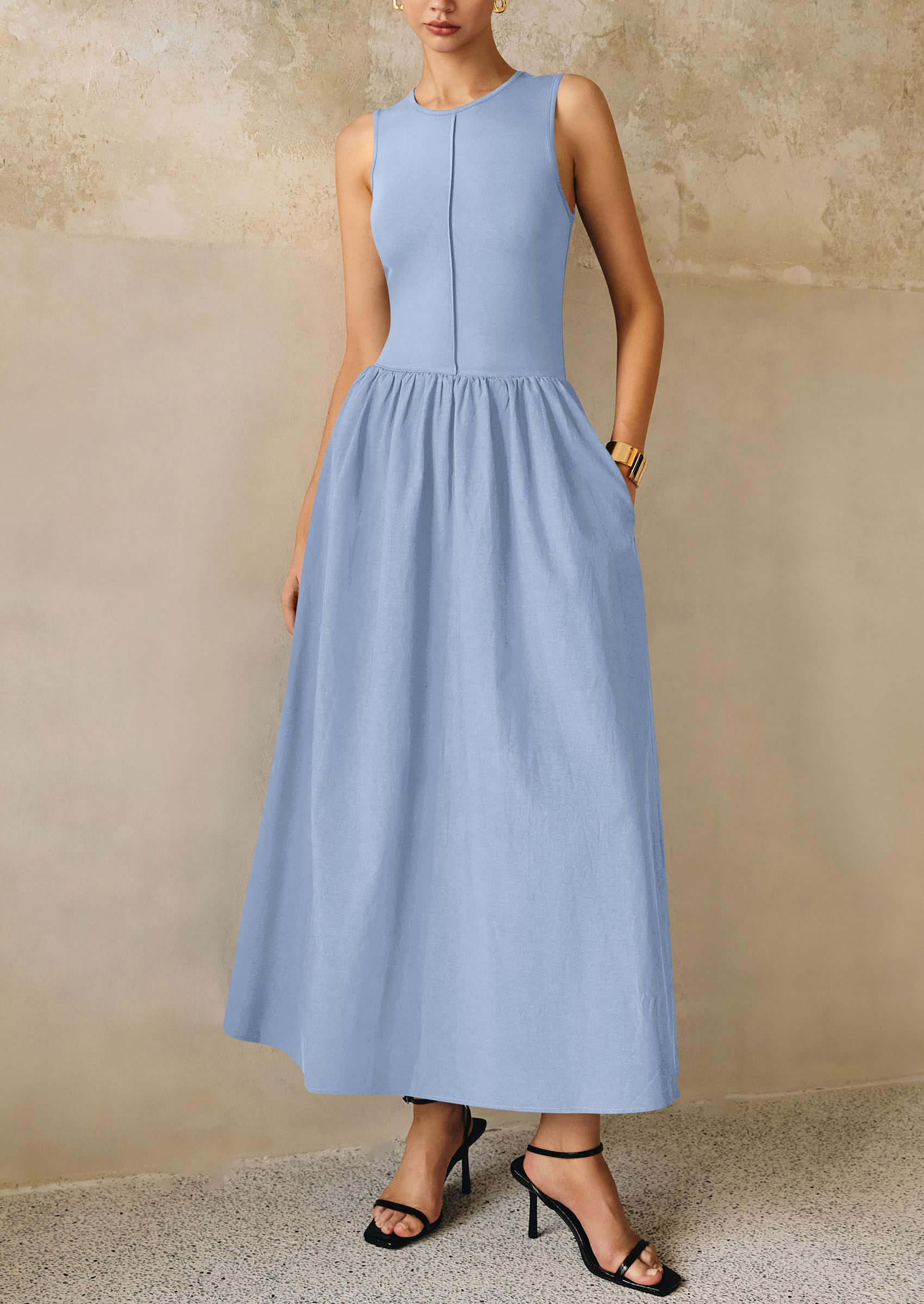 PRETTYGARDEN Maxi Dresses for Women Summer Casual Sleeveless Patchwork Flowy Vacation Sundress Knit Long Work Tank Dress