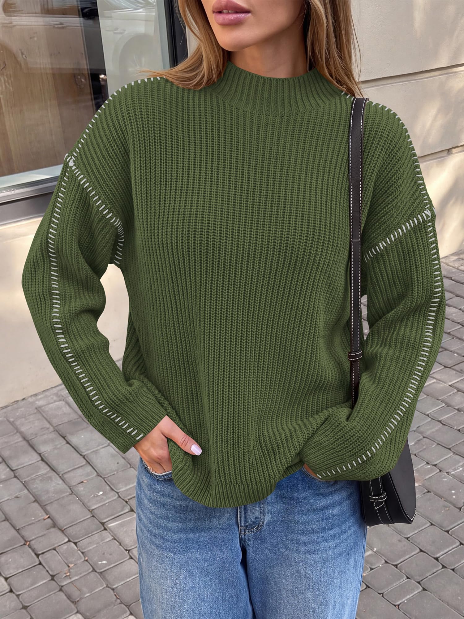 "BTFBM Womens Oversized Sweaters Contrast Chunky Knit Sweater Loose Fit Mock Neck Long Sleeve Tops, Soft Cozy Knitwear, Fall Fashion 2026, Casual Winter Clothing, Daily Going Out Outfits"