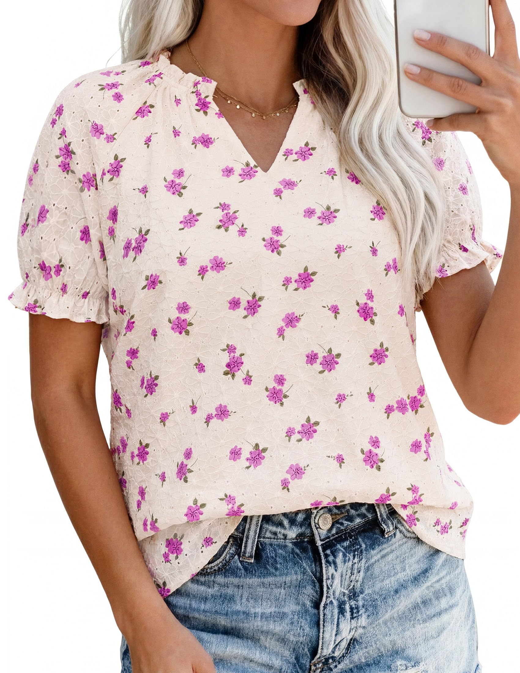 PRETTYGARDEN Summer Short Sleeve V Neck Shirts for Women Trendy Floral Print Loose Ruffle Tops Business Casual Blouses