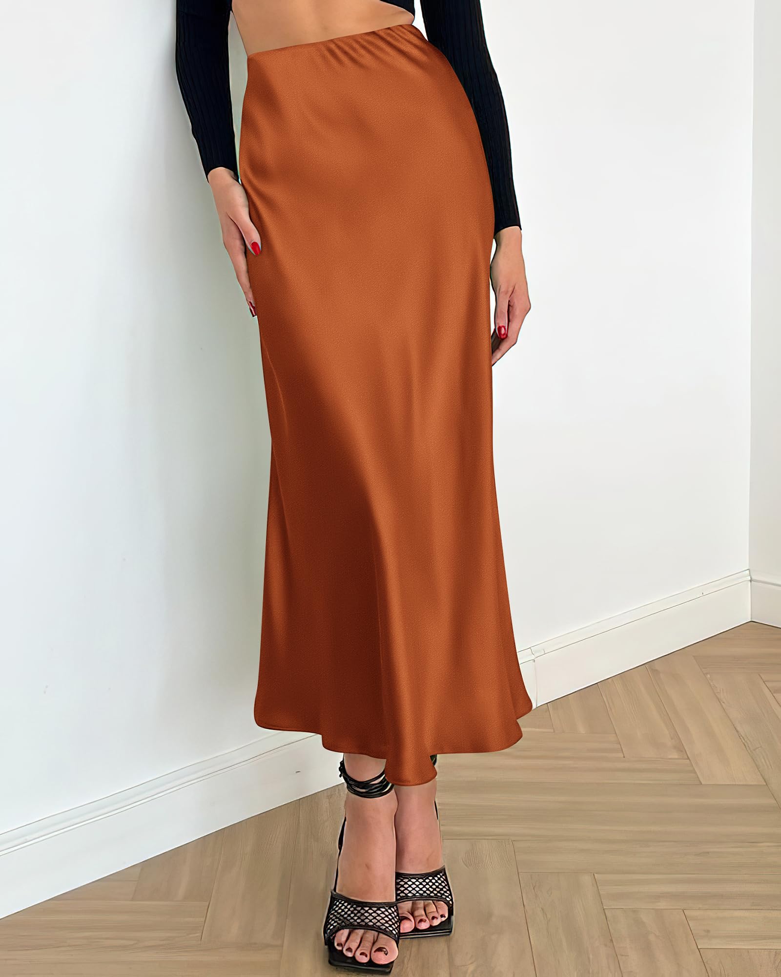 BTFBM Summer Womens Skirts Silk Elegant High Waist Flowy Long Satin A-Line Midi Skirt Cocktail Wedding Party
