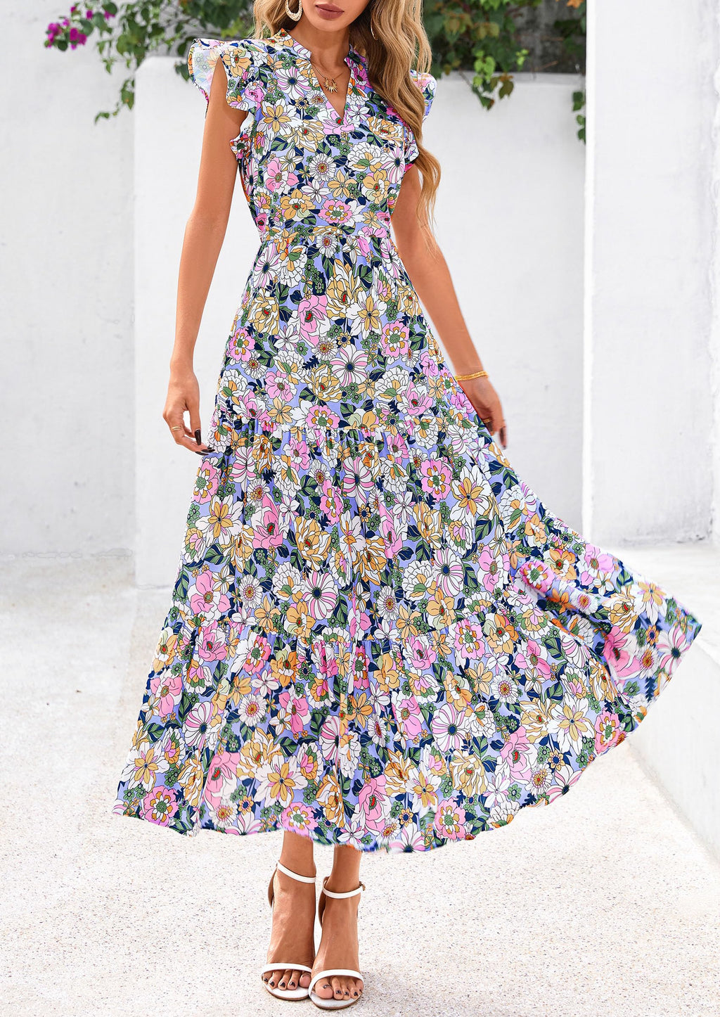 Visit the PRETTYGARDEN Store PRETTYGARDEN Women's Summer Floral Midi Dress Cap Sleeve V Neck Ruffle Long Flowy Boho Casual Beach Vacation Dresses