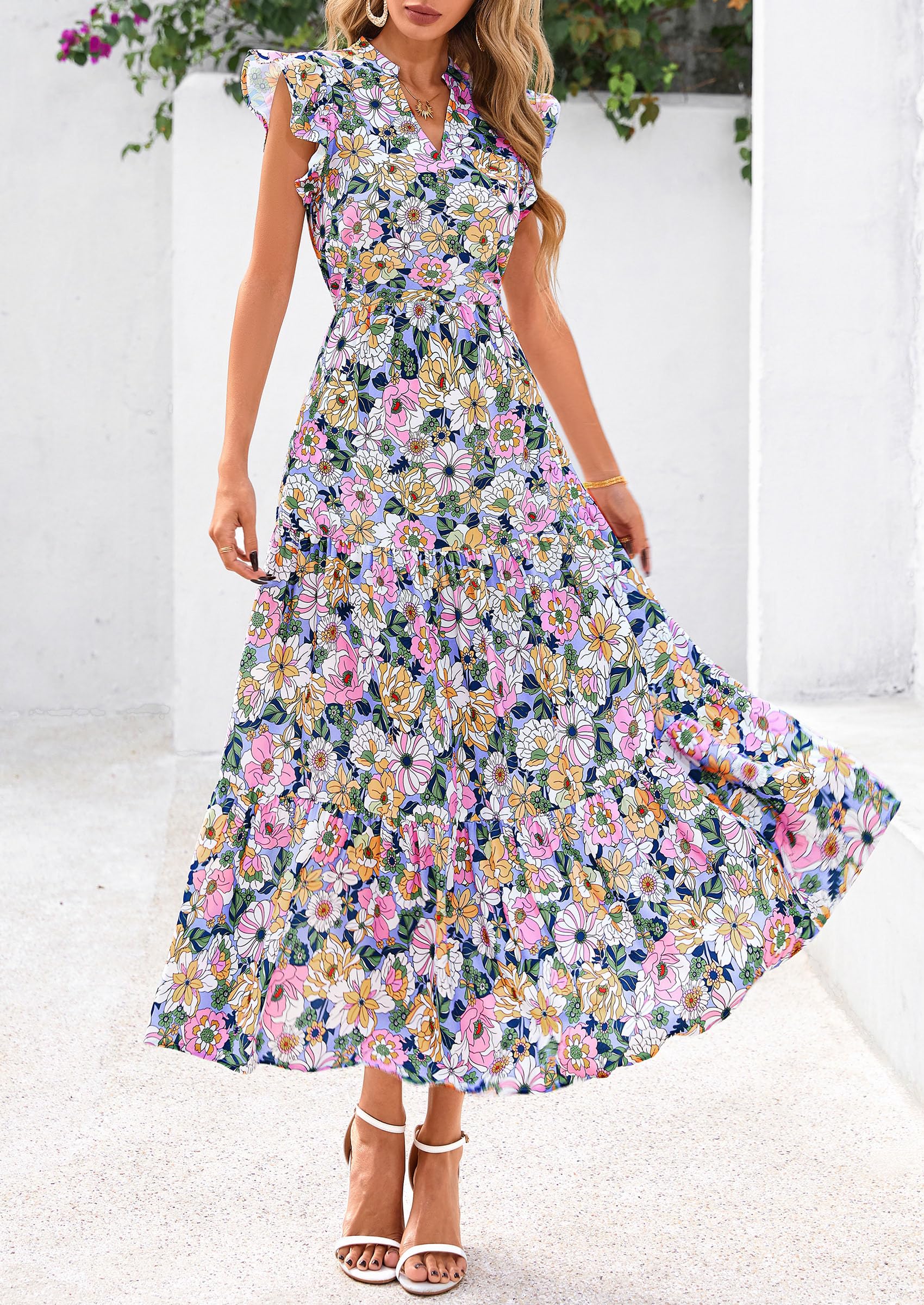 Visit the PRETTYGARDEN Store PRETTYGARDEN Women's Summer Floral Midi Dress Cap Sleeve V Neck Ruffle Long Flowy Boho Casual Beach Vacation Dresses