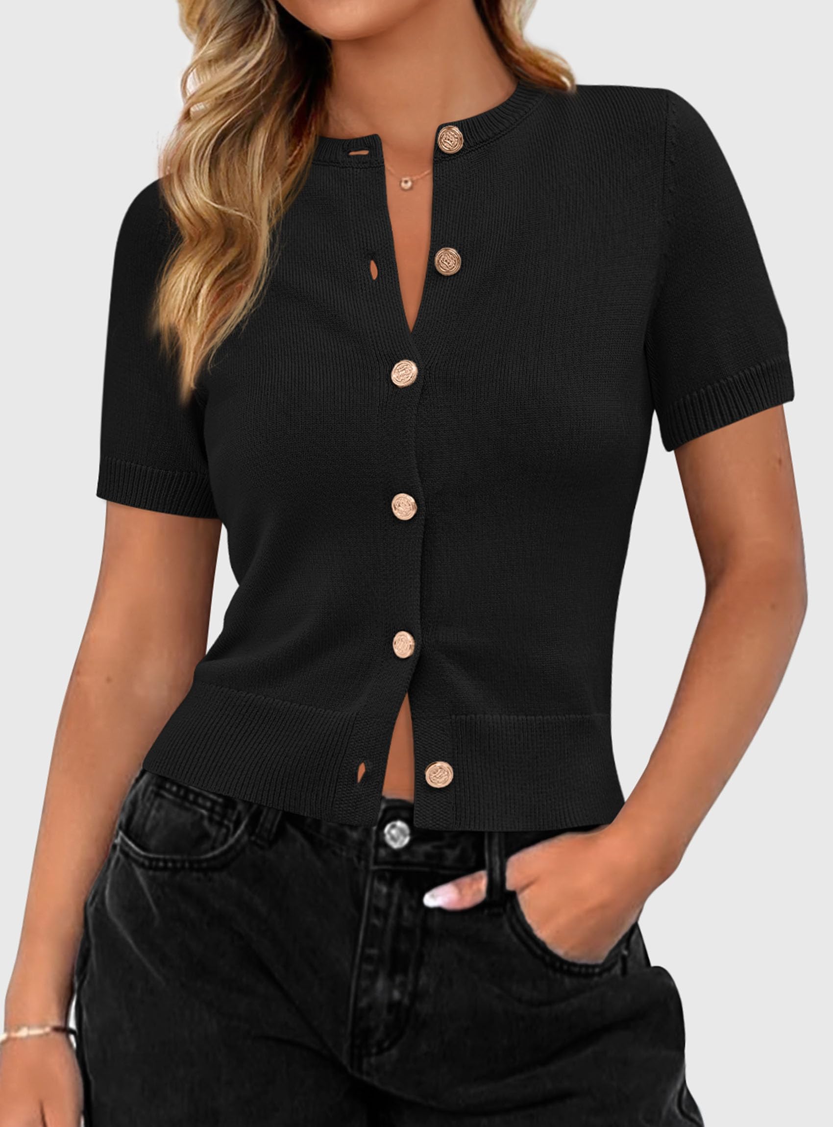 PRETTYGARDEN Womens Casual Summer Short Sleeve Cardigans Button Down Knitted Sweater Basic Crew Neck Crop Tops