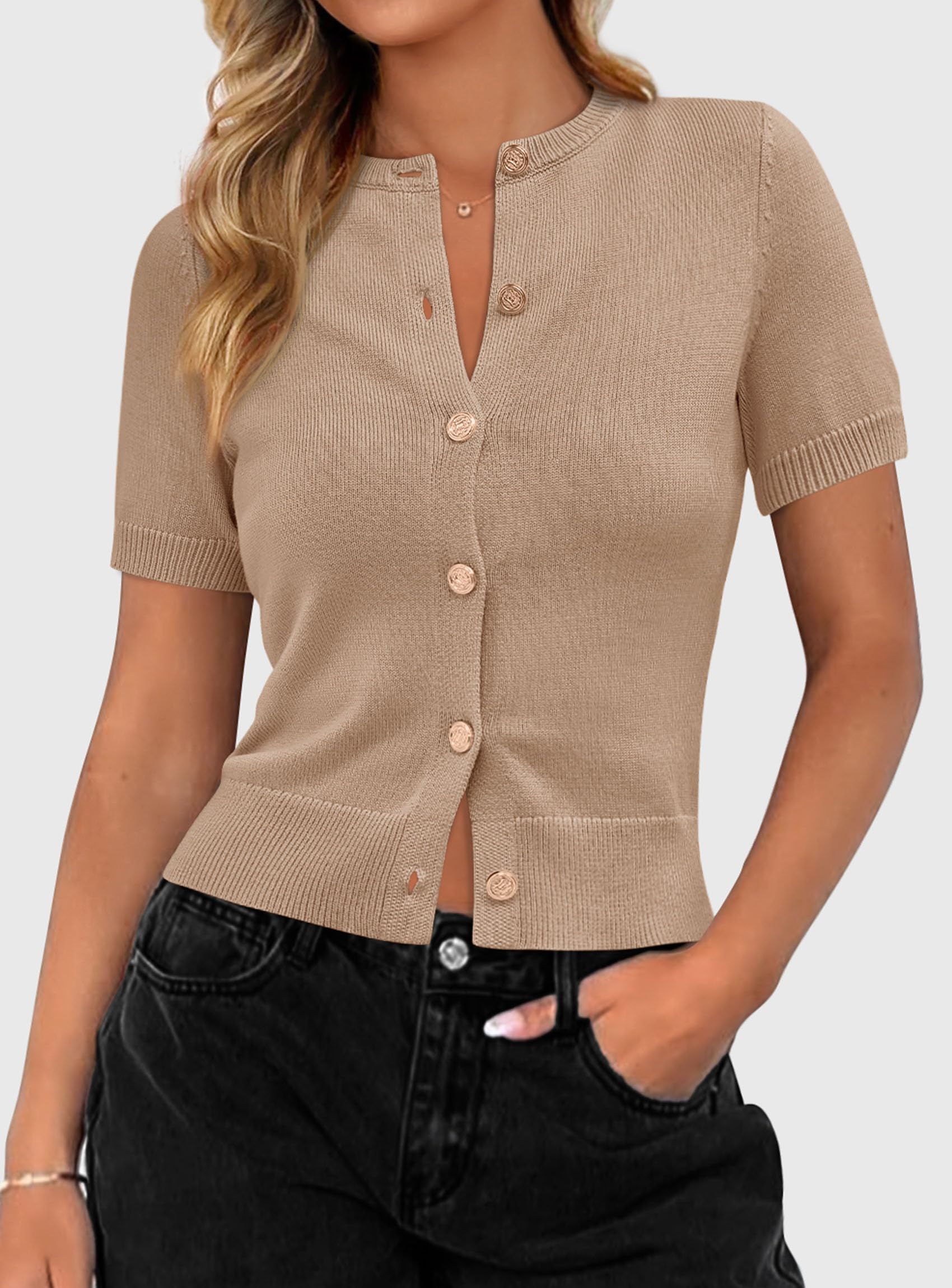 PRETTYGARDEN Womens Casual Summer Short Sleeve Cardigans Button Down Knitted Sweater Basic Crew Neck Crop Tops